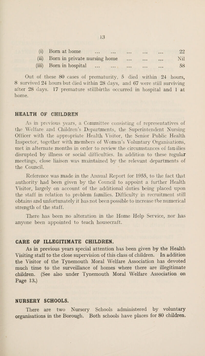 (i) Born at home . 22 (ii) Born in private nursing home ... ... ... Nil (hi) Bom in hospital . 58 Out of these 80 cases of prematurity, 5 died within 24 hours, 8 survived 24 hours but died within 28 days, and 67 were still surviving after 28 days. 17 premature stillbirths occurred in hospital and 1 at home. HEALTH OF CHILDREN As in previous years, a Committee consisting of representatives of the Welfare and Children’s Departments, the Superintendent Nursing Officer with the appropriate Health Visitor, the Senior Public Health Inspector, together with members of Women’s Voluntary Organisations, met in alternate months in order to review the circumstances of fandlies disrupted by illness or social difficulties. In addition to these regular meetings, close liaison was maintained by the relevant departments of the Council. Reference was made in the Annual Report for 1955, to the fact that authority had been given by the Council to appoint a further Health Visitor, largely on account of the additional duties being placed upon the staff in relation to problem families. Difficulty in recruitment still obtains and unfortunately it has not been possible to increase the numerical strength of the staff. There has been no alteration in the Home Help Service, nor has anyone been appointed to teach housecraft. CARE OF ILLEGITIMATE CHILDREN. As in previous years special attention has been given by the Health Visiting staff to the close supervision of this class of children. In addition the Visitor of the Tynemouth Moral Welfare Association has devoted much time to the surveillance of homes where there are illegitimate children. (See also under Tynemouth Moral Welfare Association on Page 13.) NURSERY SCHOOLS. There are two Nursery Schools administered by voluntary organisations in the Borough. Both schools have places for 80 children.