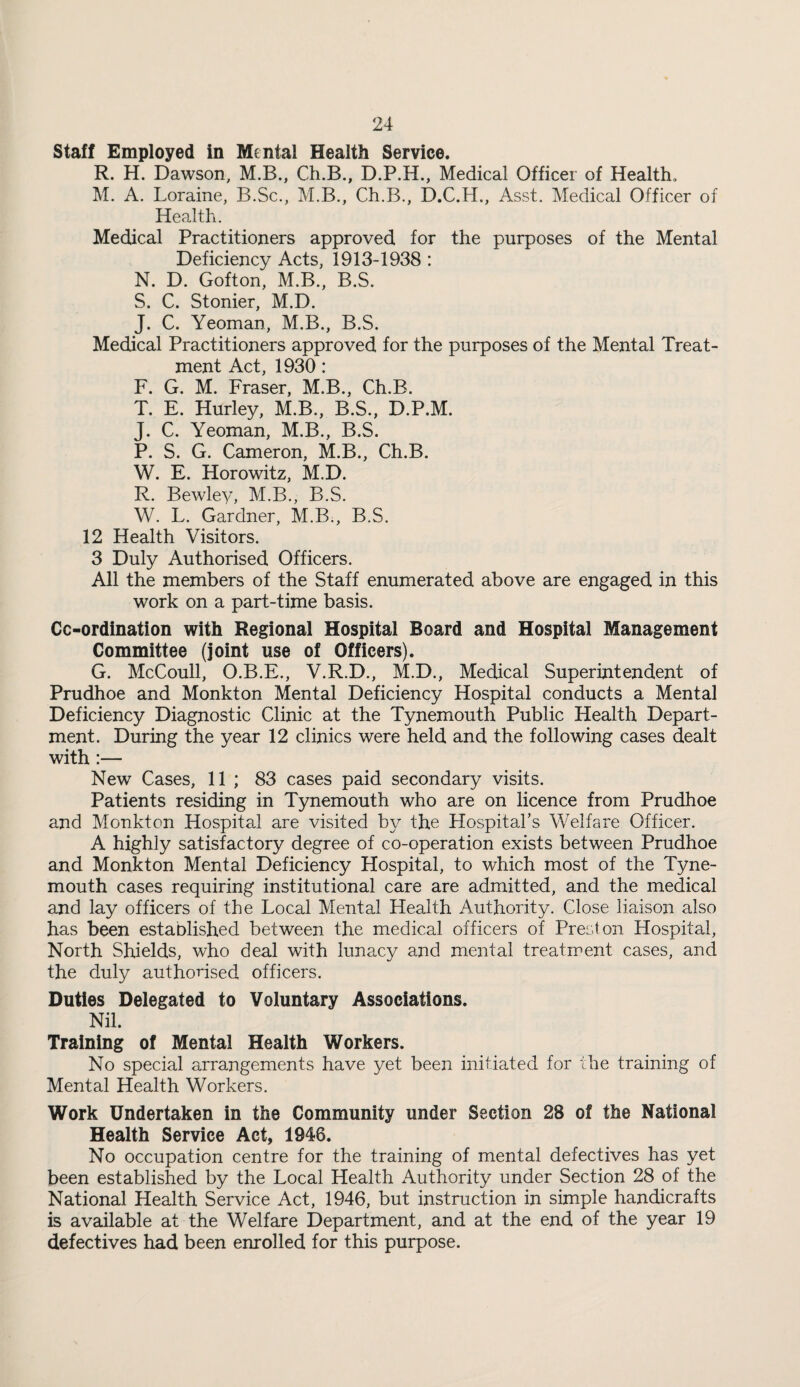 Staff Employed in Mental Health Service. R. H. Dawson, M.B., Ch.B., D.P.H., Medical Officer of Health, M. A. Loraine, B.Sc., M.B., Ch.B., D.C.H., Asst. Medical Officer of Health. Medical Practitioners approved for the purposes of the Mental Deficiency Acts, 1913-1938 : N. D. Gofton, M.B., B.S. S. C. Stonier, M.D. J. C. Yeoman, M.B., B.S. Medical Practitioners approved for the purposes of the Mental Treat¬ ment Act, 1930 : F. G. M. Fraser, M.B., Ch.B. T. E. Hurley, M.B., B.S., D.P.M. J. C. Yeoman, M.B., B.S. P. S. G. Cameron, M.B., Ch.B. W. E. Horowitz, M.D. R. Bewley, M.B., B.S. W. L. Gardner, M.B., B.S. 12 Health Visitors. 3 Duly Authorised Officers. All the members of the Staff enumerated above are engaged in this work on a part-time basis. Cc-ordination with Regional Hospital Board and Hospital Management Committee (joint use of Officers). G. McCoull, O.B.E., V.R.D., M.D., Medical Superintendent of Prudhoe and Monkton Mental Deficiency Hospital conducts a Mental Deficiency Diagnostic Clinic at the Tynemouth Public Health Depart¬ ment. During the year 12 clinics were held and the following cases dealt with :— New Cases, 11 ; 83 cases paid secondary visits. Patients residing in Tynemouth who are on licence from Prudhoe and Monkton Hospital are visited by the Hospital’s Welfare Officer. A highly satisfactory degree of co-operation exists between Prudhoe and Monkton Mental Deficiency Hospital, to which most of the Tyne¬ mouth cases requiring institutional care are admitted, and the medical and lay officers of the Local Mental Health Authority. Close liaison also has been established between the medical officers of Preston Hospital, North Shields, who deal with lunacy and mental treatment cases, and the duly authorised officers. Duties Delegated to Voluntary Associations. Nil. Training of Mental Health Workers. No special arrangements have yet been initiated for the training of Mental Health Workers. Work Undertaken in the Community under Section 28 of the National Health Service Act, 1946. No occupation centre for the training of mental defectives has yet been established by the Local Health Authority under Section 28 of the National Health Service Act, 1946, but instruction in simple handicrafts is available at the Welfare Department, and at the end of the year 19 defectives had been enrolled for this purpose.