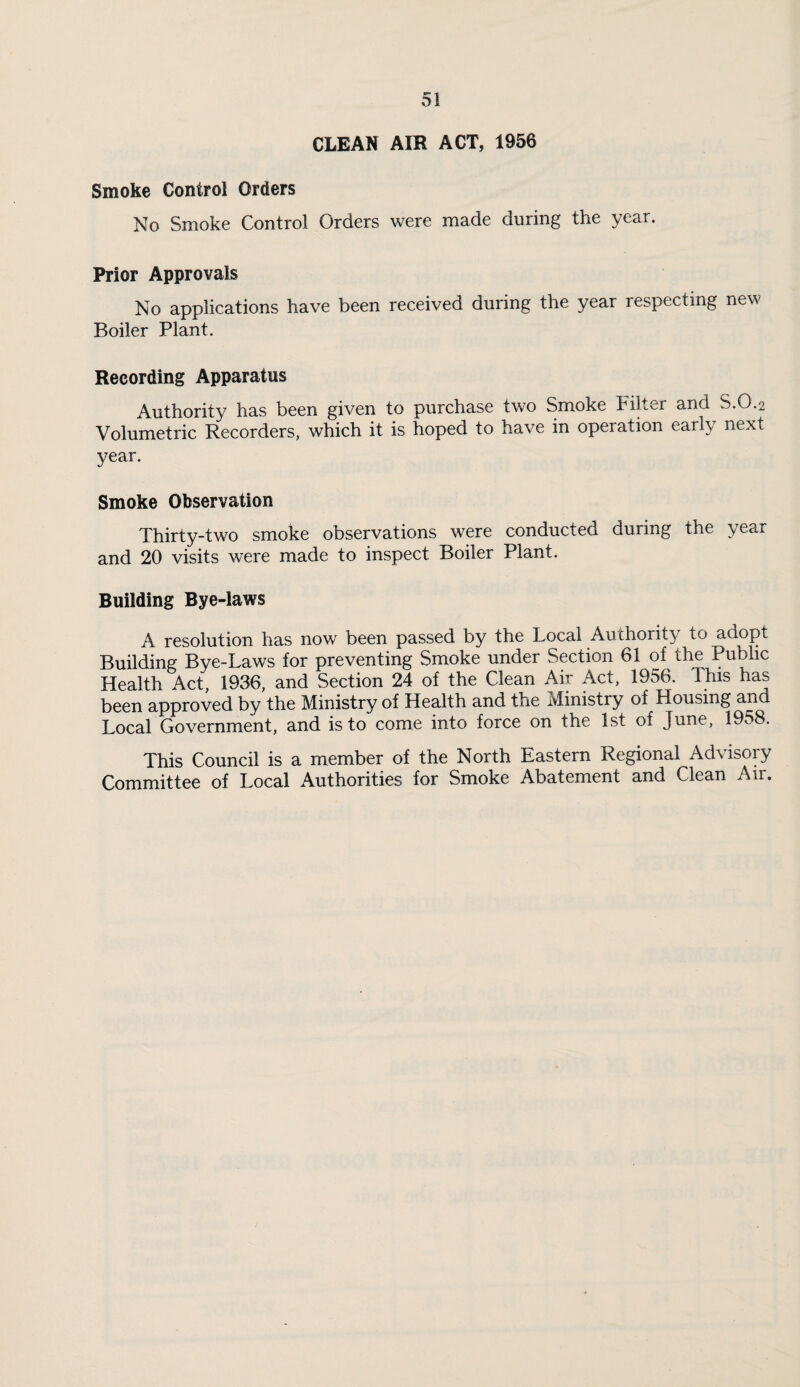 CLEAN AIR ACT, 1956 Smoke Control Orders No Smoke Control Orders were made during the year. Prior Approvals No applications have been received during the year respecting new Boiler Plant. Recording Apparatus Authority has been given to purchase two Smoke Filter and S.0.2 Volumetric Recorders, which it is hoped to have in operation early next year. Smoke Observation Thirty-two smoke observations were conducted during the year and 20 visits were made to inspect Boiler Plant. Building Bye-laws A resolution has now been passed by the Local Authority to adopt Building Bye-Laws for preventing Smoke under Section 61 of the Public Health Act, 1936, and Section 24 of the Clean Air Act, 1956. This has been approved by the Ministry of Health and the Ministry of Housing and Local Government, and is to come into force on the 1st of June, 1958. This Council is a member of the North Eastern Regional Advisory Committee of Local Authorities for Smoke Abatement and Clean Air.