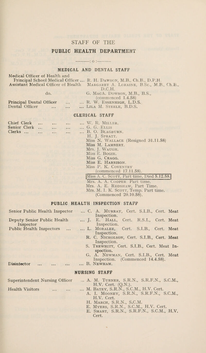 STAFF OF THE PUBLIC HEALTH DEPARTMENT o MEDICAL AND DENTAL STAFF Medical Officer of Health and Principal School Medical Officer ... R. H. Dawson, M.B., Ch.B., D.P.H, Assistant Medical Officer of Health Margaret A. Loraine, B,Sc., M.B., Ch.B., do. D.C.H. G. MacA. Dowson, M.B., B.S., Principal Dental Officer (commenced 1.4.58) ... R. W. Essenhigh, L.D.S. Dental Officer • • • ... ... Lila M. Steele, B.D.S. Chief Clerk « • • CLERICAL STAFF ... W. R. Miller. Senior Clerk ... * • « ... G. G. Ellis Clerks ... ... B. O. Blagburn. H. J. Spratt. Miss N. Wallace (Resigned 31.11.58) Miss M. Lambert. Mrs. J. Waugh. Miss E. Bogie. Miss G. Cragg. Miss E. Harrison. Miss P. K. Coventry (commenced 17.11.58). Miss A. C. Scott, Part time. Died 5.12.58. Mrs. A. A. Cooper. Part time. Mrs. A. E. Redshaw, Part Time. Mrs. M. I. K. Scott, Temp. Part time. (Commenced 20.10.58). PUBLIC HEALTH INSPECTION STAFF Senior Public Health Inspector Deputy Senior Public Health Inspector Public Health Inspectors Disinfector ... C. A. Murray, Cert. S.I.B., Cert. Meat Inspection. ... J. E. Hall, Cert. R.S.I., Cert. Meat Inspection. ... L. Moralee, Cert. S.I.B., Cert. Meat Inspection. R. C. Nicholson, Cert. S.I.B., Cert. Meat Inspection. S. Trewhitt, Cert. S.I.B,, Cert. Meat In¬ spection. G. A. Newman, Cert. S.I.B., Cert. Meat Inspection. (Commenced 14.4.58). ... B. Newham. NURSING STAFF Superintendent Nursing Officer .. A. M. Turner, S.R.N., S.R.F.N., S.C.M., H.V. Cert. (Q.N.). Health Visitors ... ... ... M. Batey, S.R.N., S.C.M., H.V. Cert. A. I. Mooney, S.R.N., S.R.F.N., S.C.M., H.V. Cert. H. March, S.R.N., S.C.M. E. Myers, S.R.N., S.C.M., H.V. Cert. E. Smart, S.R.N., S.R.F.N., S.C.M., H.V. Cert.