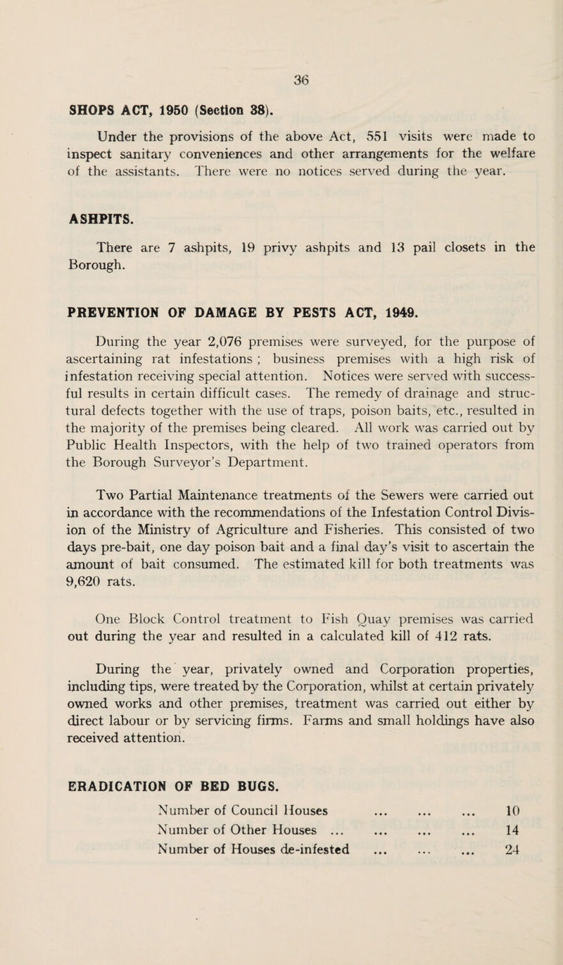 SHOPS ACT, 1950 (Section 38). Under the provisions of the above Act, 551 visits were made to inspect sanitary conveniences and other arrangements for the welfare of the assistants. There were no notices served during the year. ASHPITS. There are 7 ashpits, 19 privy ashpits and 13 pail closets in the Borough. PREVENTION OF DAMAGE BY PESTS ACT, 1949. During the year 2,076 premises were surveyed, for the purpose of ascertaining rat infestations ; business premises with a high risk of infestation receiving special attention. Notices were served with success¬ ful results in certain difficult cases. The remedy of drainage and struc¬ tural defects together with the use of traps, poison baits, etc., resulted in the majority of the premises being cleared. All work was carried out by Public Health Inspectors, with the help of two trained operators from the Borough Surveyor’s Department. Two Partial Maintenance treatments of the Sewers were carried out in accordance with the recommendations of the Infestation Control Divis¬ ion of the Ministry of Agriculture and Fisheries. This consisted of two days pre-bait, one day poison bait and a final da^^’s visit to ascertain the amount of bait consumed. The estimated kill for both treatments was 9,620 rats. One Block Control treatment to Fish Quay premises was carried out during the year and resulted in a calculated kill of 412 rats. During the year, privately owned and Corporation properties, including tips, were treated by the Corporation, whilst at certain privatel}^ owned works and other premises, treatment was carried out either by direct labour or by servicing firms. Farms and small holdings have also received attention. ERADICATION OF BED BUGS. Number of Council Houses ... ... ... 10 Number of Other Houses ... ... ... ... 14 Number of Houses de-infestcd ... ... ... 24