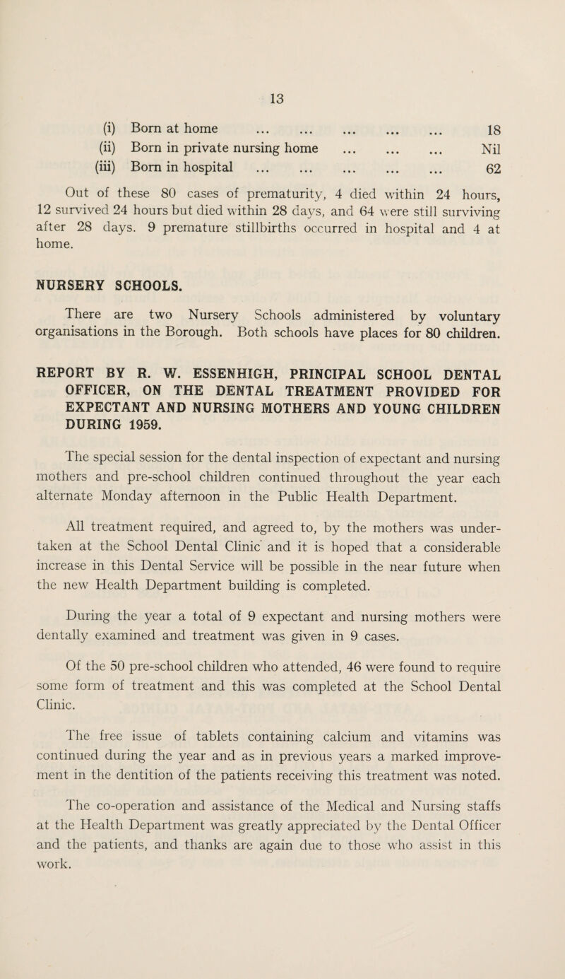 (i) Born at home . 18 (ii) Bom in private nursing home . Nil (iii) Bom in hospital . 62 Out of these 80 cases of prematurity, 4 died within 24 hours, 12 survived 24 hours but died within 28 days, and 64 were still surviving after 28 days. 9 premature stillbirths occurred in hospital and 4 at home. NURSERY SCHOOLS. There are two Nursery Schools administered by voluntary organisations in the Borough. Both schools have places for 80 children. REPORT BY R. W. ESSENHIGH, PRINCIPAL SCHOOL DENTAL OFFICER, ON THE DENTAL TREATMENT PROVIDED FOR EXPECTANT AND NURSING MOTHERS AND YOUNG CHILDREN DURING 1959. 1 he special session for the dental inspection of expectant and nursing mothers and pre-school children continued throughout the year each alternate Monday afternoon in the Public Health Department. All treatment required, and agreed to, by the mothers was under¬ taken at the School Dental Clinic and it is hoped that a considerable increase in this Dental Service will be possible in the near future when the new Health Department building is completed. During the year a total of 9 expectant and nursing mothers were dentally examined and treatment was given in 9 cases. Of the 50 pre-school children who attended, 46 were found to require some form of treatment and this was completed at the School Dental Clinic. The free issue of tablets containing calcium and vitamins was continued during the year and as in previous years a marked improve¬ ment in the dentition of the patients receiving this treatment was noted. The co-operation and assistance of the Medical and Nursing staffs at the Health Department was greatly appreciated by the Dental Officer and the patients, and thanks are again due to those wTo assist in this work.