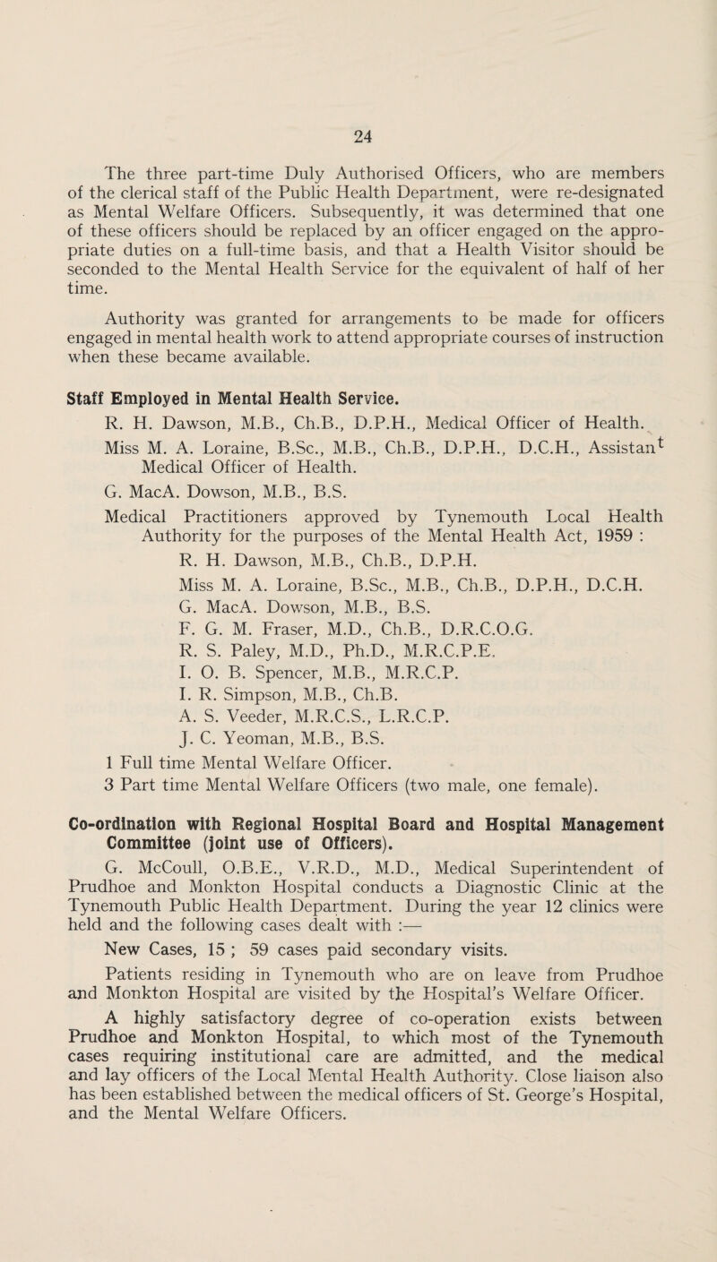 The three part-time Duly Authorised Officers, who are members of the clerical staff of the Public Health Department, were re-designated as Mental Welfare Officers. Subsequently, it was determined that one of these officers should be replaced by an officer engaged on the appro¬ priate duties on a full-time basis, and that a Health Visitor should be seconded to the Mental Health Service for the equivalent of half of her time. Authority was granted for arrangements to be made for officers engaged in mental health work to attend appropriate courses of instruction when these became available. Staff Employed in Mental Health Service. R. H. Dawson, M.B., Ch.B., D.P.H., Medical Officer of Health. Miss M. A. Loraine, B.Sc., M.B., Ch.B., D.P.H., D.C.H., Assistant Medical Officer of Health. G. MacA. Dowson, M.B., B.S. Medical Practitioners approved by Tynemouth Local Health Authority for the purposes of the Mental Health Act, 1959 : R. H. Dawson, M.B., Ch.B., D.P.H. Miss M. A. Loraine, B.Sc., M.B., Ch.B., D.P.H., D.C.H. G. MacA. Dowson, M.B., B.S. F. G. M. Fraser, M.D., Ch.B., D.R.C.O.G. R. S. Paley, M.D., Ph.D., M.R.C.P.E. I. O. B. Spencer, M.B., M.R.C.P. I. R. Simpson, M.B., Ch.B. A. S. Veeder, M.R.C.S., L.R.C.P. J. C. Yeoman, M.B., B.S. 1 Full time Mental Welfare Officer. 3 Part time Mental Welfare Officers (two male, one female). Co-ordination with Regional Hospital Board and Hospital Management Committee (joint use of Officers). G. McCoull, O.B.E., V.R.D., M.D., Medical Superintendent of Prudhoe and Monkton Hospital conducts a Diagnostic Clinic at the Tynemouth Public Health Department. During the year 12 clinics were held and the following cases dealt with :— New Cases, 15 ; 59 cases paid secondary visits. Patients residing in Tynemouth who are on leave from Prudhoe and Monkton Hospital a.re visited by the Hospital’s Welfare Officer. A highly satisfactory degree of co-operation exists between Prudhoe and Monkton Hospital, to which most of the Tynemouth cases requiring institutional care are admitted, and the medical and lay officers of the Local Mental Health Authority. Close liaison also has been established between the medical officers of St. George’s Hospital, and the Mental Welfare Officers.
