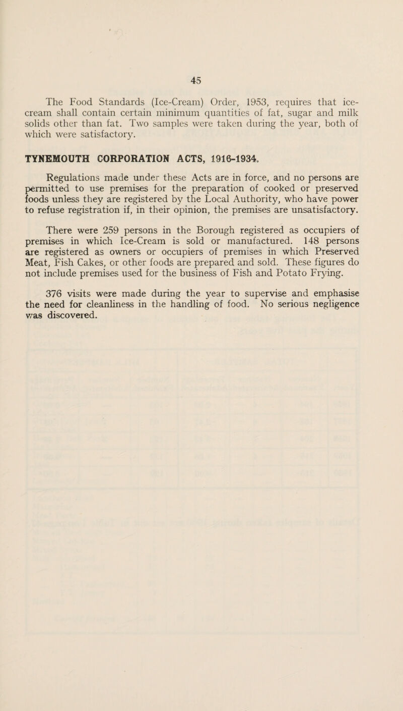 The Food Standards (Ice-Cream) Order, 1953, requires that ice¬ cream shall contain certain minimum quantities of fat, sugar and milk solids other than fat. Two samples were taken during the year, both of w'hich were satisfactory. TYNEMOUTH CORPORATION ACTS, 1916-1934, Regulations made under these Acts are in force, and no persons are permitted to use premises for the preparation of cooked or preserved foods unless they are registered by the Local Authority, who have power to refuse registration if, in their opinion, the premises are unsatisfactory. There were 259 persons in the Borough registered as occupiers of premises in which Ice-Cream is sold or manufactured. 148 persons are registered as owners or occupiers of premises in which Preserved Meat, Fish Cakes, or other foods are prepared and sold. These figures do not include premises used for the business of Fish and Potato Frying. 376 visits were made during the year to supervise and emphasise the need for cleanliness in the handling of food. No serious negligence v/as discovered.