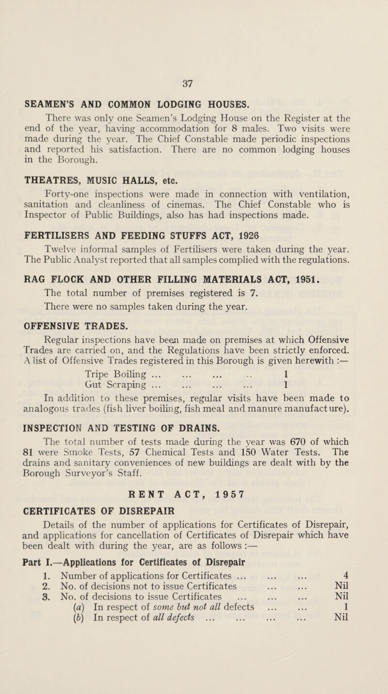SEAMEN’S AND COMMON LODGING HOUSES. There was only one Seamen’s Lodging House on the Register at the end of the year, having accommodation for 8 males. Two visits were made during the year. The Chief Constable made periodic inspections and reported his satisfaction. There are no common lodging houses in the Borough. THEATRES, MUSIC HALLS, etc. Forty-one inspections were made in connection with ventilation, sanitation and cleanliness of cinemas. The Chief Constable who is Inspector of Public Buildings, also has had inspections made. FERTILISERS AND FEEDING STUFFS ACT, 1926 Twelve informal samples of Fertilisers were taken during the year. The Public Analyst reported that all samples complied with the regulations. RAG FLOCK AND OTHER FILLING MATERIALS ACT, 1951. The total number of premises registered is 7. There were no samples taken during the year. OFFENSIVE TRADES. Regular inspections have been made on premises at which Offensive Trades are carried on, and the Regulations have been strictly enforced. A list of Offensive Trades registered in this Borough is given herewith :— Tripe Boiling. ... 1 Gut Scraping ... ... ... ... 1 In addition to these premises, regular visits have been made to analogous trades (fish liver boiling, fish meal and manure manufacture). INSPECTION AND TESTING OF DRAINS. The total number of tests made during the year was 670 of which 81 were Smoke Tests, 57 Chemical Tests and 150 Water Tests. The drains and sanitary conveniences of new buildings are dealt with by the Borough Surveyor’s Staff. RENT ACT, 1957 CERTIFICATES OF DISREPAIR Details of the number of applications for Certificates of Disrepair, and applications for cancellation of Certificates of Disrepair which have been dealt with during the year, are as follows :— Part I.—Applications for Certificates of Disrepair 1. Number of applications for Certificates ... 2. No. of decisions not to issue Certificates 3. No. of decisions to issue Certificates (а) In respect of some but not all defects (б) In respect of all defects 4 Nil Nil 1 Nil