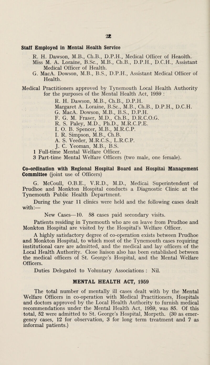 Staff Employed in Mental Health Service R. H, Dawson, M.B., Ch.B., D.P.H., Medical Officer of Heaoith. Miss M. A. Loraine, B.Sc., M.B., Ch.B., D.P.H., D.C.H., Assistant Medical Officer of Health. G. Mac A. Dowson, M.B., B.S., D.P.H., Assistant Medical Officer of Health. Medical Practitioners approved by Tynemouth Local Health Authority for the purposes of the Mental Health Act, 1959 : R. H. Dawson, M.B., Ch.B., D.P.H. Margaret A. Loraine, B.Sc., M.B., Ch.B., D.P.H., D.C.H. G. MacA. Dowson, M.B., B.S., D.P.H. F. G. M. Fraser, M.D., Ch.B., D.R.C.O.G. R. S. Paley, M.D., Ph.D., M.R.C.P.E. 1. O. B. Spencer, M.B., M.R.C.P. I. R, Simpson, M.B., Ch.B. A. S. Veeder, M.R.C.S., L.R.C.P. J. C. Yeoman, M.B., B.S. 1 Full-time Mental Welfare Officer. 3 Part-time Mental Welfare Officers (two male, one female). Co-ordination with Regional Hospital Board and Hospital Management Committee (joint use of Officers) G. McCoull, O.B.E., V.R.D., M.D., Medicai Superintendent of Prudhoe and Monkton Hospital conducts a Diagnostic Clinic at the Tynemouth Public Health Department. During the year 11 clinics were held and the following cases dealt with:— New Cases—10. 58 cases paid secondary visits. Patients residing in Tynemouth who are on leave from Prudhoe and Monkton Hospital are visited by the HospitaFs Welfare Officer. A highly satisfactory degree of co-operation exists between Prudhoe and Monkton Hospital, to which most of the T3memouth cases requiring institutional care are admitted, and the medical and lay officers of the Local Health Authority. Close liaison also has been established between the medical officers of St. George's Hospital, and the Mental Welfare Officers. Duties Delegated to Voluntary Associations : Nil. MENTAL HEALTH ACT, 1959 The total number of mentally ill cases dealt with by the Mental Welfare Officers in co-operation with Medical Practitioners, Hospitals and doctors approved by the Local Health Authority to furnish medical recommendations under the Mental Health Act, 1959, was 85. Of this total, 52 were admitted to St. George’s Hospital, Morpeth. (30 as emer¬ gency cases, 12 for observation, 3 for long term treatment and 7 as informal patients.)