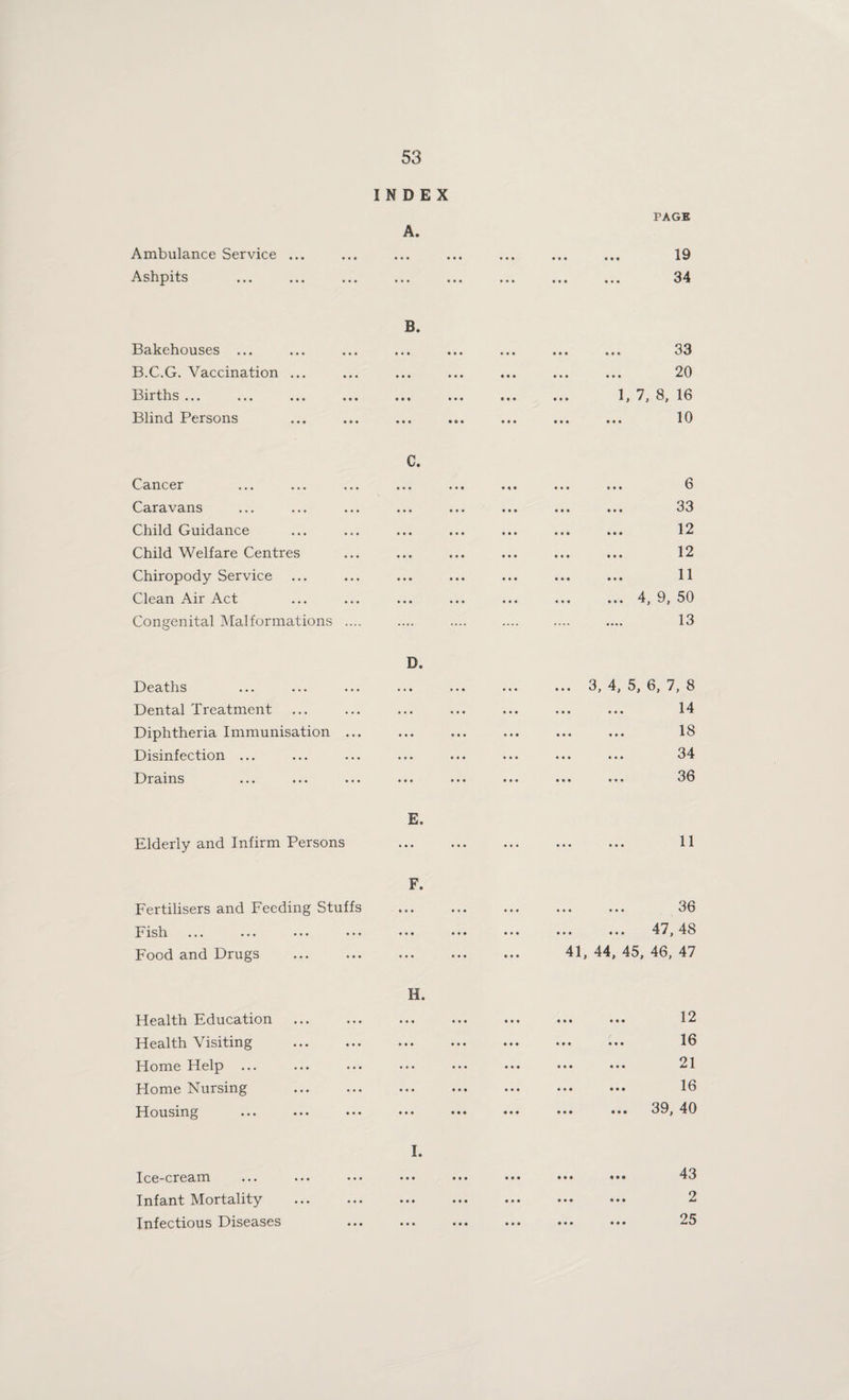 Ambulance Service Ashpits INDEX A. PAGE 19 34 Bakehouses ... B.C.G. Vaccination Births ... Blind Persons B. • • • « • « • • • • • • p * « • « • • • • • • • 33 20 1, 7, 8, 16 10 C. Cancer Caravans Child Guidance Child Welfare Centres Chiropody Service Clean Air Act Congenital INIalformations Deaths Dental Treatment Diphtheria Immunisation Disinfection ... Drains D. 6 33 12 12 11 4, 9, 50 13 ... 3, 4, 5, 6, 7, 8 14 ••• AX ... ... 18 . 34 ... ... 36 Elderly and Infirm Persons E. 11 Fertilisers and Feeding Stuffs Fish ... ... ... ••• Food and Drugs Health Education Health Visiting Home Help ... Home Nursing Housing Ice-cream Infant Mortality Infectious Diseases H. I. .. ... 36 .. ... 47,48 41, 44, 45, 46, 47 12 16 21 16 39, 40 43 2 25