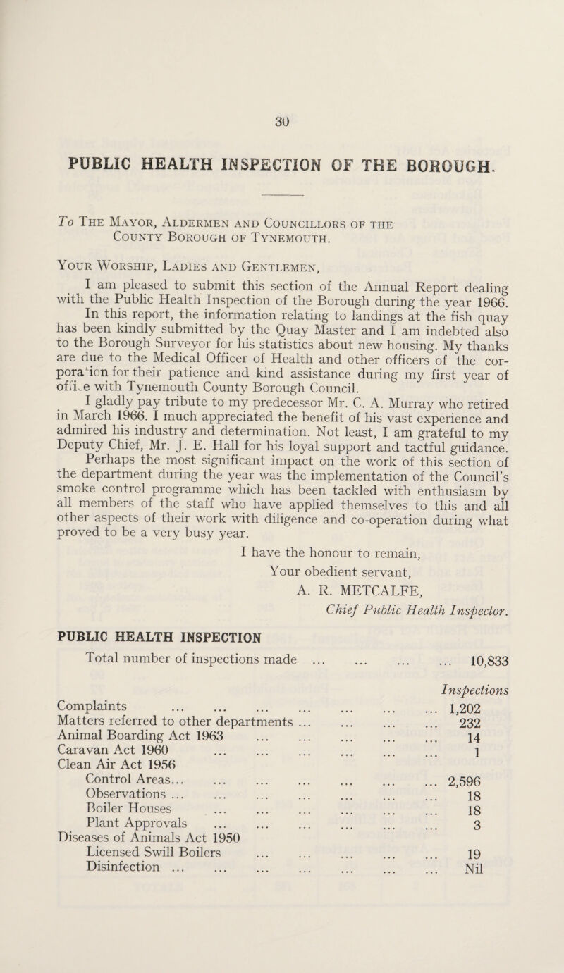 PUBLIC HEALTH INSPECTION OF THE BOROUGH. To The Mayor, Aldermen and Councillors of the County Borough of Tynemouth. Your Worship, Ladies and Gentlemen, I am pleased to submit this section of the Annual Report dealing with the Public Health Inspection of the Borough during the year 1966. In this report, the information relating to landings at the fish quay has been kindly submitted by the Quay Master and I am indebted also to the Borough Surveyor for his statistics about new housing. My thanks are due to the Medical Officer of Health and other officers of the cor¬ pora ion for their patience and kind assistance during my first year of office with Tynemouth County Borough Council. I gladly pay tribute to my predecessor Mr. C. A. Murray who retired in March 1966. I much appreciated the benefit of his vast experience and admired his industry and determination. Not least, I am grateful to my Deputy Chief, Mr. J. E. Hall for his loyal support and tactful guidance. Perhaps the most significant impact on the work of this section of the department during the year was the implementation of the Council’s smoke control programme which has been tackled with enthusiasm by all members of the staff who have applied themselves to this and all other aspects of their work with diligence and co-operation during what proved to be a very busy year. I have the honour to remain. Your obedient servant, A. R. METCALFE, Chief Public Health Inspector. PUBLIC HEALTH INSPECTION Total number of inspections made ... . 10,833 Complaints . Inspections .1,202 Matters referred to other departments ... . 232 Animal Boarding Act 1963 . . 14 Caravan Act 1960 . . 1 Clean Air Act 1956 Control Areas. .2,596 Observations ... . 18 Boiler Houses ... . 18 Plant Approvals . 3 Diseases of Animals Act 1950 Licensed Swill Boilers . 19 Disinfection ... . Nil