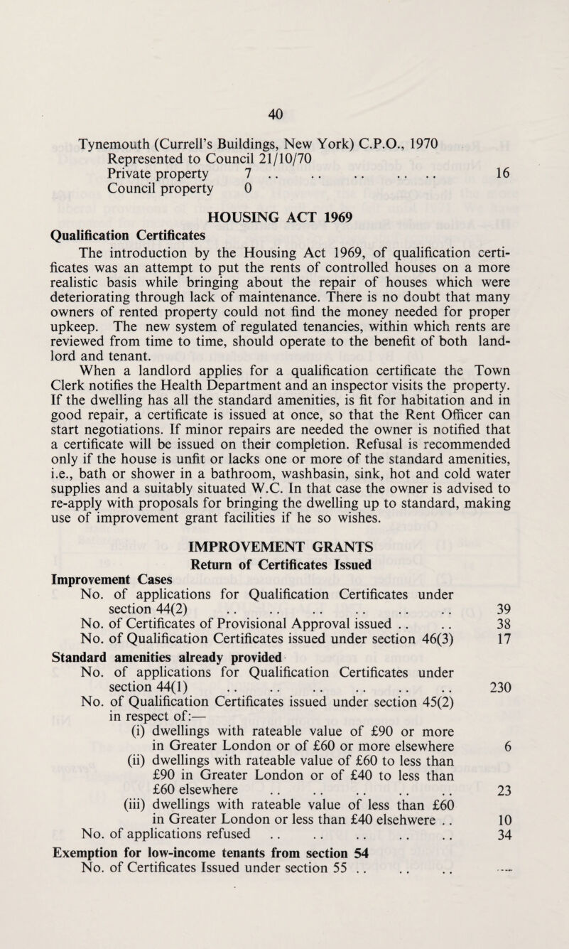 Tynemouth (Currell’s Buildings, New York) C.P.O., 1970 Represented to Council 21/10/70 Private property 7 .. .. .. .... 16 Council property 0 HOUSING ACT 1969 Qualification Certificates The introduction by the Housing Act 1969, of qualification certi¬ ficates was an attempt to put the rents of controlled houses on a more realistic basis while bringing about the repair of houses which were deteriorating through lack of maintenance. There is no doubt that many owners of rented property could not find the money needed for proper upkeep. The new system of regulated tenancies, within which rents are reviewed from time to time, should operate to the benefit of both land¬ lord and tenant. When a landlord applies for a qualification certificate the Town Clerk notifies the Health Department and an inspector visits the property. If the dwelling has all the standard amenities, is fit for habitation and in good repair, a certificate is issued at once, so that the Rent Officer can start negotiations. If minor repairs are needed the owner is notified that a certificate will be issued on their completion. Refusal is recommended only if the house is unfit or lacks one or more of the standard amenities, i.e., bath or shower in a bathroom, washbasin, sink, hot and cold water supplies and a suitably situated W.C. In that case the owner is advised to re-apply with proposals for bringing the dwelling up to standard, making use of improvement grant facilities if he so wishes. IMPROVEMENT GRANTS Return of Certificates Issued Improvement Cases No. of applications for Qualification Certificates under section 44(2) .. .. .. .. .. .. 39 No. of Certificates of Provisional Approval issued .. .. 38 No. of Qualification Certificates issued under section 46(3) 17 Standard amenities already provided No. of applications for Qualification Certificates under section 44(1) .. .. .. .. .. .. 230 No. of Qualification Certificates issued under section 45(2) in respect of:— (i) dwellings with rateable value of £90 or more in Greater London or of £60 or more elsewhere 6 (ii) dwellings with rateable value of £60 to less than £90 in Greater London or of £40 to less than £60 elsewhere . 23 (iii) dwellings with rateable value of less than £60 in Greater London or less than £40 elsehwere .. 10 No. of applications refused .. .. .. .. .. 34 Exemption for low-income tenants from section 54 No. of Certificates Issued under section 55 ..