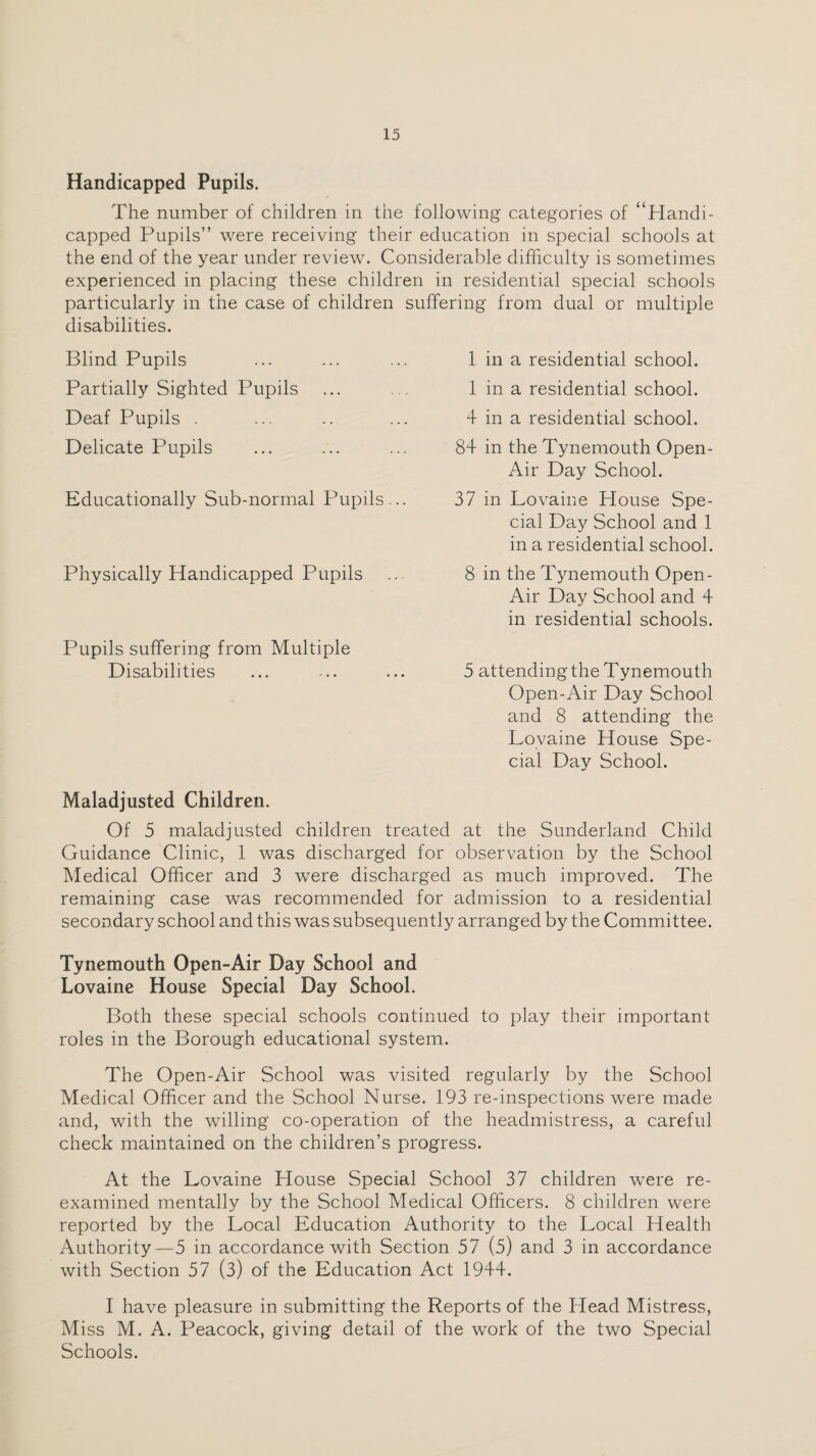 Handicapped Pupils. The number of children in the following categories of “Handi¬ capped Pupils” were receiving their education in special schools at the end of the year under review. Considerable difficulty is sometimes experienced in placing these children in residential special schools particularly in the case of children suffering from dual or multiple disabilities. Blind Pupils Partially Sighted Pupils Deaf Pupils . Delicate Pupils Educationally Sub-normal Pupils... Physically Handicapped Pupils Pupils suffering from Multiple Disabilities 1 in a residential school. 1 in a residential school. 4 in a residential school. 84 in the Tynemouth Open- Air Day School. 37 in Lovaine House Spe¬ cial Day School and 1 in a residential school. 8 in the Tynemouth Open- Air Day School and 4 in residential schools. 5 attending the Tynemouth Open-Air Day School and 8 attending the Lovaine House Spe¬ cial Day School. Maladjusted Children. Of 5 maladjusted children treated at the Sunderland Child Guidance Clinic, 1 was discharged for observation by the School Medical Officer and 3 were discharged as much improved. The remaining case was recommended for admission to a residential secondary school and this was subsequently arranged by the Committee. Tynemouth Open-Air Day School and Lovaine House Special Day School. Both these special schools continued to play their important roles in the Borough educational system. The Open-Air School was visited regularly by the School Medical Officer and the School Nurse. 193 re-inspections were made and, with the willing co-operation of the headmistress, a careful check maintained on the children’s progress. At the Lovaine House Special School 37 children were re¬ examined mentally by the School Medical Officers. 8 children were reported by the Local Education Authority to the Local Health Authority—5 in accordance with Section 57 (5) and 3 in accordance with Section 57 (3) of the Education Act 1944. I have pleasure in submitting the Reports of the Head Mistress, Miss M. A. Peacock, giving detail of the work of the two Special Schools.