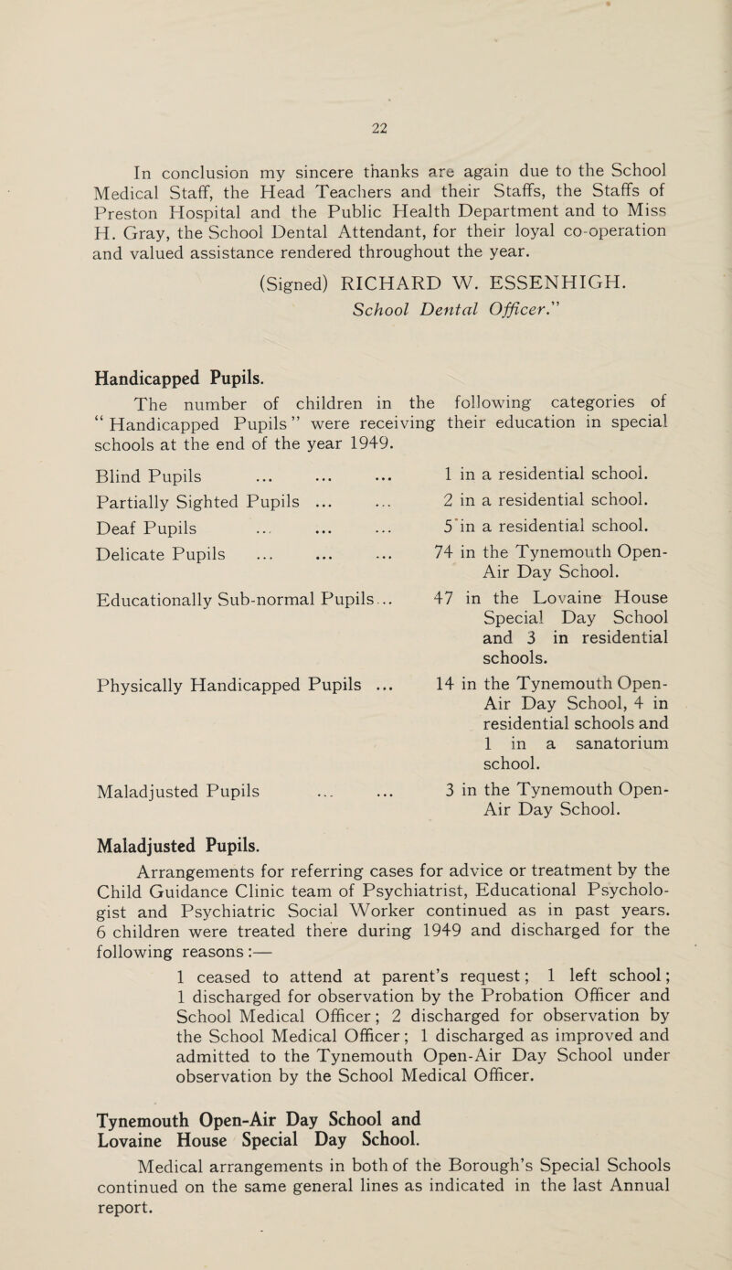 In conclusion my sincere thanks are again due to the School Medical Staff, the Head Teachers and their Staffs, the Staffs of Preston Hospital and the Public Health Department and to Miss H. Gray, the School Dental Attendant, for their loyal co-operation and valued assistance rendered throughout the year. (Signed) RICHARD W. ESSENHIGH. School Dental Officer''1 Handicapped Pupils. The number of children in the following categories of “ Handicapped Pupils ” were receiving their education in special schools at the end of the year 1949. Blind Pupils Partially Sighted Pupils ... Deaf Pupils Delicate Pupils Educationally Sub-normal Pupils... Physically Handicapped Pupils ... Maladjusted Pupils 1 in a residential school. 2 in a residential school. 5 in a residential school. 74 in the Tynemouth Open- Air Day School. 47 in the Lovaine House Special Day School and 3 in residential schools. 14 in the Tynemouth Open- Air Day School, 4 in residential schools and 1 in a sanatorium school. 3 in the Tynemouth Open- Air Day School. Maladjusted Pupils. Arrangements for referring cases for advice or treatment by the Child Guidance Clinic team of Psychiatrist, Educational Psycholo¬ gist and Psychiatric Social Worker continued as in past years. 6 children were treated there during 1949 and discharged for the following reasons:— 1 ceased to attend at parent’s request; 1 left school; 1 discharged for observation by the Probation Officer and School Medical Officer; 2 discharged for observation by the School Medical Officer; 1 discharged as improved and admitted to the Tynemouth Open-Air Day School under observation by the School Medical Officer. Tynemouth Open-Air Day School and Lovaine House Special Day School. Medical arrangements in both of the Borough’s Special Schools continued on the same general lines as indicated in the last Annual report.