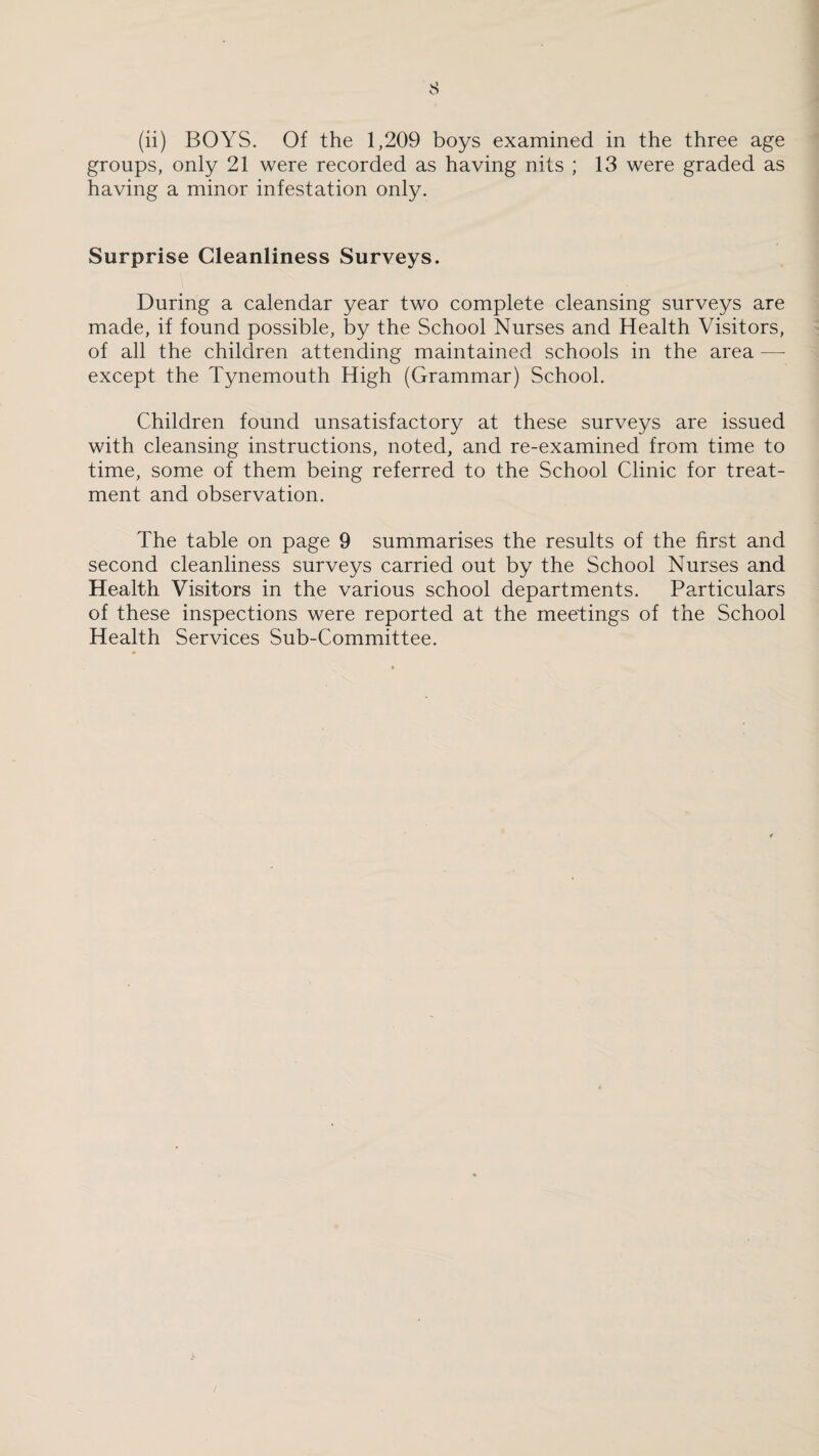 (ii) BOYS. Of the 1,209 boys examined in the three age groups, only 21 were recorded as having nits ; 13 were graded as having a minor infestation only. Surprise Cleanliness Surveys. During a calendar year two complete cleansing surveys are made, if found possible, by the School Nurses and Health Visitors, of all the children attending maintained schools in the area — except the Tynemouth High (Grammar) School. Children found unsatisfactory at these surveys are issued with cleansing instructions, noted, and re-examined from time to time, some of them being referred to the School Clinic for treat¬ ment and observation. The table on page 9 summarises the results of the first and second cleanliness surveys carried out by the School Nurses and Health Visitors in the various school departments. Particulars of these inspections were reported at the meetings of the School Health Services Sub-Committee.