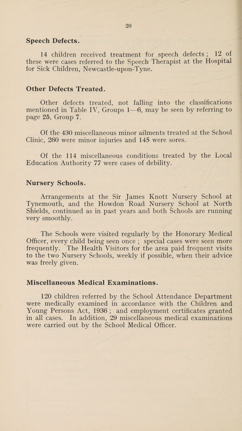 Speech Defects. 14 children received treatment for speech defects ; 12 of these were cases referred to the Speech Therapist at the Hospital for Sick Children, Newcastle-upon-Tyne. Other Defects Treated. Other defects treated, not falling into the classifications mentioned in Table IV, Groups 1—6, may be seen by referring to page 25, Group 7. Of the 430 miscellaneous minor ailments treated at the School Clinic, 260 were minor injuries and 145 were sores. Of the 114 miscellaneous conditions treated by the Local Education Authority 77 were cases of debility. Nursery Schools. Arrangements at the Sir James Knott Nursery School at Tynemouth, and the Howdon Road Nursery School at North Shields, continued as in past years and both Schools are running very smoothly. The Schools were visited regularly by the Honorary Medical Officer, every child being seen once ; special cases were seen more frequently. The Health Visitors for the area paid frequent visits to the two Nursery Schools, weekly if possible, when their advice was freely given. Miscellaneous Medical Examinations. 120 children referred by the School Attendance Department were medically examined in accordance with the Children and Young Persons Act, 1936 ; and employment certificates granted in all cases. In addition, 29 miscellaneous medical examinations were carried out by the School Medical Officer.