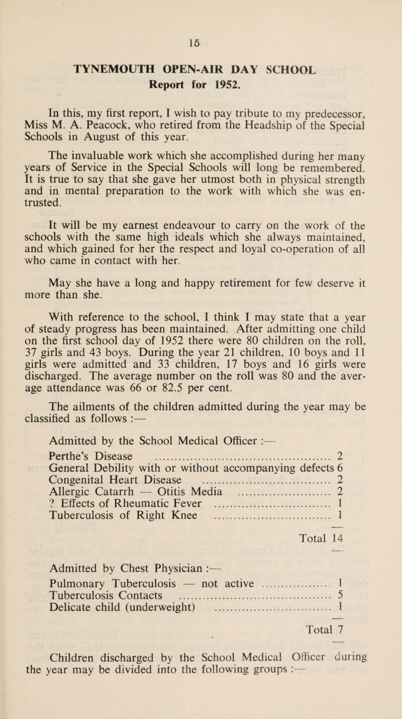 TYNEMOUTH OPEN-AIR DAY SCHOOL Report for 1952. In this, my first report, I wish to pay tribute to my predecessor. Miss M. A. Peacock, who retired from the Headship of the Special Schools in August of this year. The invaluable work which she accomplished during her many years of Service in the Special Schools will long be remembered. It is true to say that she gave her utmost both in physical strength and in mental preparation to the work with which she was en¬ trusted. It will be my earnest endeavour to carry on the work of the schools with the same high ideals which she always maintained, and which gained for her the respect and loyal co-operation of all who came in contact with her. May she have a long and happy retirement for few deserve it more than she. With reference to the school, I think I may state that a year of steady progress has been maintained. After admitting one child on the first school day of 1952 there were 80 children on the roll, 37 girls and 43 boys. During the year 21 children, 10 boys and 11 girls were admitted and 33 children, 17 boys and 16 girls were discharged. The average number on the roll was 80 and the aver¬ age attendance was 66 or 82.5 per cent. The ailments of the children admitted during the year may be classified as follows :— Admitted by the School Medical Officer :— Perthe’s Disease . 2 General Debility with or without accompanying defects 6 Congenital Heart Disease . 2 Allergic Catarrh — Otitis Media . 2 ? Effects of Rheumatic Fever . 1 Tuberculosis of Right Knee . 1 Total Hi- Admitted by Chest Physician :— Pulmonary Tuberculosis — not active . 1 Tuberculosis Contacts . 5 Delicate child (underweight) . 1 Total 7 Children discharged by the School Medical Officer during the year may be divided into the following groups