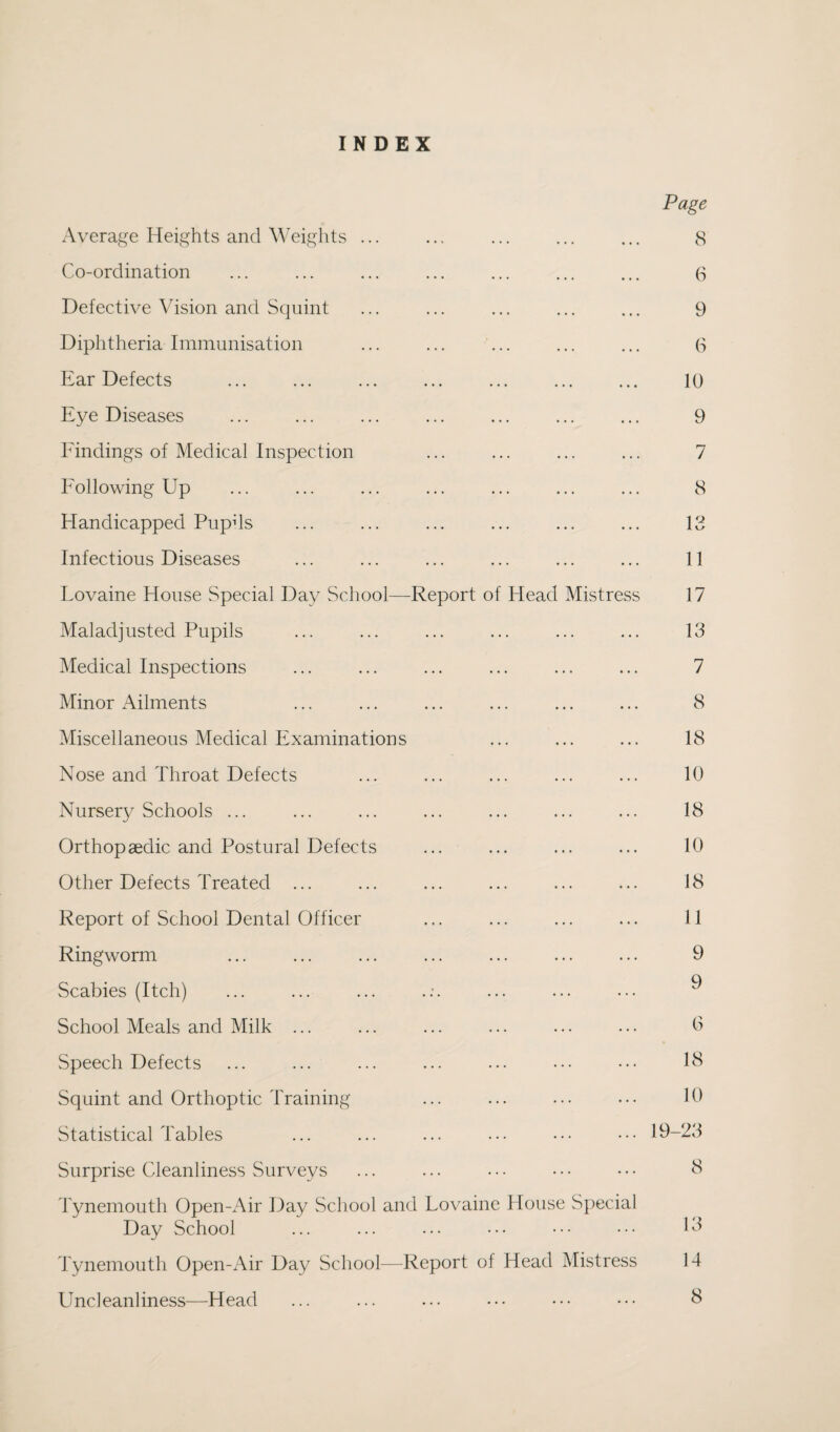 INDEX Page Average Heights and Weights ... ... ... ... ... 8 Co-ordination ... ... ... ... ... ... ... 6 Defective Vision and Squint ... ... ... ... ... 9 Diphtheria Immunisation ... ... ... ... ... 6 Ear Defects ... ... ... ... ... ... ... 10 Eye Diseases ... ... ... ... . 9 Eindings of Medical Inspection ... ... ... ... 7 Hollowing Up ... ... ... ... ... ... ... 8 Handicapped Pupds ... ... ... ... ... ... 13 Infectious Diseases ... ... ... ... ... ... 11 Lovaine House Special Day School—Report of Head Mistress 17 Maladjusted Pupils ... ... ... ... ... ... 13 Medical Inspections ... ... ... ... ... ... 7 Minor Ailments ... ... ... ... ... ... 8 Miscellaneous Medical Examinations ... ... ... 18 Nose and Throat Defects ... ... ... ... ... 10 Nursery/ Schools ... ... ... ... ... ... ... 18 Orthopaedic and Postural Defects ... ... ... ... 10 Other Defects Treated ... ... ... ... ... ... 18 Report of School Dental Officer ... ... ... ... 11 Ringworm ... ... ... ... ... ... ... 9 Scabies (Itch) ... ... ... ... ... ... ^ School Meals and Milk ... ... ... ... ... ... 0 Speech Defects ... ... ... ... ... .•• ••• 18 Squint and Orthoptic Training ... ... ... ... 10 Statistical Tables ... ... ... ... ... ... 19-23 Surprise Cleanliness Surveys ... ... ... ... ••. 8 Tynemouth Open-Air Day School and Lovaine House Special Day School ... ... ... ... ... ... LI Tynemouth Open-i\ir Day School—Report of Head Mistress 14 Uncleanliness—Head ... ... ... ... ... ... 8