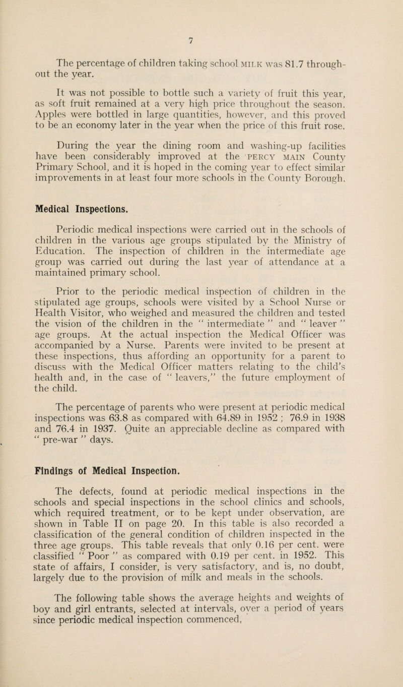 The percentage of children taking school milk was 81.7 through¬ out the year. It was not possible to bottle such a variety of fruit this year, as soft fruit remained at a very high price throughout the season. Apples were bottled in large quantities, however, and this proved to be an economy later in the year when the price of this fruit rose. During the year the dining room and washing-up facilities have been considerably improved at the Percy main County Primary School, and it is hoped in the coming year to effect similar improvements in at least four more schools in the County Borough. Medical Inspections. Periodic medical inspections were carried out in the schools of children in the various age groups stipulated by the Ministry of Education. The inspection of children in the intermediate age group was carried out during the last year of attendance at a maintained primary school. Prior to the periodic medical inspection of children in the stipulated age groups, schools were visited by a School Nurse or Health Visitor, who weighed and measured the children and tested the vision of the children in the intermediate ” and “ leaver age groups. At the actual inspection the Medical Officer was accompanied by a Nurse. Parents were invited to be present at these inspections, thus affording an opportunity for a parent to discuss with the Medical Officer matters relating to the child's health and, in the case of “ leavers, the future employment of the child. The percentage of parents who were present at periodic medical inspections was 63.8 as compared with 64.89 in 1952 ; 76.9 in 1938 and 76.4 in 1937. Quite an appreciable decline as compared with “ pre-war  days. Findings of Medical Inspection. The defects, found at periodic medical inspections in the schools and special inspections in the school clinics and schools, which required treatment, or to be kept under observation, are shown in Table II on page 20. In this table is also recorded a classification of the general condition of children inspected in the three age groups. This table reveals that only 0.16 per cent, were classified Poor  as compared with 0.19 per cent, in 1952. This state of affairs, I consider, is very satisfactory, and is, no doubt, largely due to the provision of milk and meals in the schools. The following table shows the average heights and weights of boy and girl entrants, selected at intervals, over a period of years since periodic medical inspection commenced,