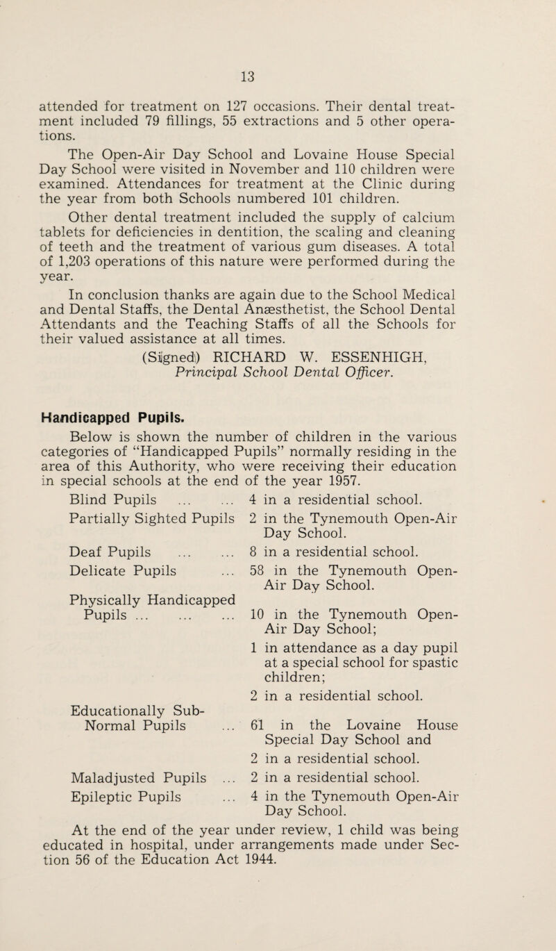 attended for treatment on 127 occasions. Their dental treat¬ ment included 79 fillings, 55 extractions and 5 other opera¬ tions. The Open-Air Day School and Lovaine House Special Day School were visited in November and 110 children were examined. Attendances for treatment at the Clinic during the year from both Schools numbered 101 children. Other dental treatment included the supply of calcium tablets for deficiencies in dentition, the scaling and cleaning of teeth and the treatment of various gum diseases. A total of 1,203 operations of this nature were performed during the year. In conclusion thanks are again due to the School Medical and Dental Staffs, the Dental Anaesthetist, the School Dental Attendants and the Teaching Staffs of all the Schools for their valued assistance at all times. (SiignedO RICHARD W. ESSENHIGH, Principal School Dental Officer. Handicapped Pupils. Below is shown the number of children in the various categories of “Handicapped Pupils” normally residing in the area of this Authority, who were receiving their education in special schools at the end of the year 1957. Blind Pupils ... ... 4 in a residential school. Partially Sighted Pupils Deaf Pupils Delicate Pupils Physically Handicapped Pupils ... . 2 in the Tynemouth Open-Air Day School. 8 in a residential school. 58 in the Tynemouth Open- Air Day School. 10 in the Tynemouth Open- Air Day School; 1 in attendance as a day pupil at a special school for spastic children; Educationally Sub- Normal Pupils Maladjusted Pupils Epileptic Pupils 2 in a residential school. 61 in the Lovaine House Special Day School and 2 in a residential school. 2 in a residential school. 4 in the Tynemouth Open-Air Day School. At the end of the year under review, 1 child was being educated in hospital, under arrangements made under Sec¬ tion 56 of the Education Act 1944.