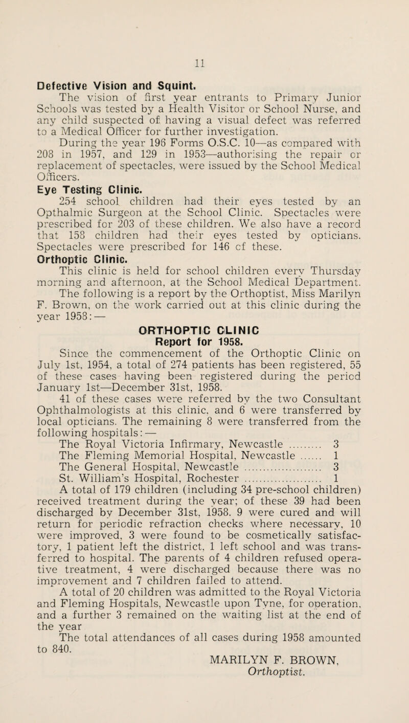 Defective Vision and Squint. The vision of first year entrants to Primary Junior Schools was tested by a Health Visitor or School Nurse, and any child suspected of, having a visual defect was referred to a Medical Officer for further investigation. During the year 196 Forms O.S.C. 10—as compared with 208 in 1957, and 129 in 1953—authorising the repair or replacement of spectacles, were issued by the School Medical Officers. Eye Testing Clinic. 254 school children had their eyes tested by an Opthalmic Surgeon at the School Clinic. Spectacles were prescribed for 203 of these children. We also have a record that 158 children had their eyes tested by opticians. Spectacles were prescribed for 146 cf these. Orthoptic Clinic. This clinic is held for school children every Thursday morning and afternoon, at the School Medical Department. The following is a report by the Orthoptist, Miss Marilyn F. Brown, on the work carried out at this clinic during the year 1958:— ORTHOPTIC CLINIC Report for 1958. Since the commencement of the Orthoptic Clinic on July 1st, 1954, a total of 274 patients has been registered, 55 of these cases having been registered during the period January 1st—December 31st, 1958. 41 of these cases were referred by the two Consultant Ophthalmologists at this clinic, and 6 were transferred by local opticians. The remaining 8 were transferred from the following hospitals: — The Royal Victoria Infirmary, Newcastle . 3 The Fleming Memorial Hospital, Newcastle . 1 The General Hospital, Newcastle . 3 St. William’s Hospital, Rochester . 1 A total of 179 children (including 34 pre-school children) received treatment during the year; of these 39 had been discharged by December 31st, 1958. 9 were cured and will return for periodic refraction checks where necessary, 10 were improved, 3 were found to be cosmetically satisfac¬ tory, 1 patient left the district, 1 left school and was trans¬ ferred to hospital. The parents of 4 children refused opera¬ tive treatment, 4 were discharged because there was no improvement and 7 children failed to attend. A total of 20 children was admitted to the Royal Victoria and Fleming Hospitals, Newcastle upon Tyne, for operation, and a further 3 remained on the waiting list at the end of the year The total attendances of all cases during 1958 amounted to 840. MARILYN F. BROWN, Orthoptist.