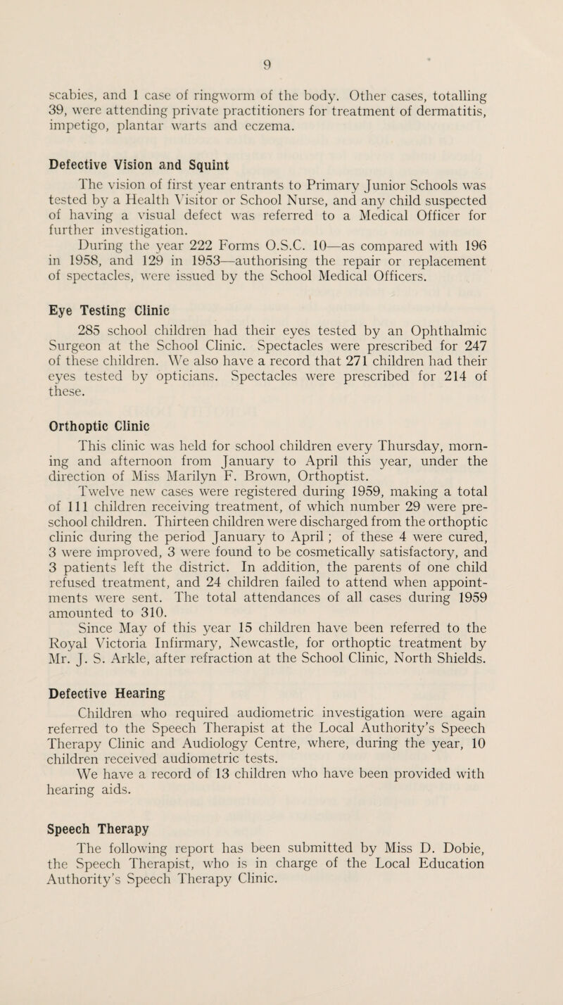 scabies, and 1 case of ringworm of the body. Other cases, totalling 39, were attending private practitioners for treatment of dermatitis, impetigo, plantar warts and eczema. Defective Vision and Squint The vision of first year entrants to Primary Junior Schools was tested by a Health Visitor or School Nurse, and any child suspected of having a visual defect was referred to a Medical Officer for further investigation. During the year 222 Forms O.S.C. 10—as compared with 196 in 1958, and 129 in 1953—authorising the repair or replacement of spectacles, were issued by the School Medical Officers. Eye Testing Clinic 285 school children had their eyes tested by an Ophthalmic Surgeon at the School Clinic. Spectacles were prescribed for 247 of these children. We also have a record that 271 children had their eyes tested by opticians. Spectacles were prescribed for 214 of these. Orthoptic Clinic This clinic was held for school children every Thursday, morn¬ ing and afternoon from January to April this year, under the direction of Miss Marilyn F. Brown, Orthoptist. Twelve new cases were registered during 1959, making a total of 111 children receiving treatment, of which number 29 were pre¬ school children. Thirteen children were discharged from the orthoptic clinic during the period January to April; of these 4 were cured, 3 were improved, 3 were found to be cosmetically satisfactory, and 3 patients left the district. In addition, the parents of one child refused treatment, and 24 children failed to attend when appoint¬ ments were sent. The total attendances of all cases during 1959 amounted to 310. Since May of this year 15 children have been referred to the Royal Victoria Infirmary, Newcastle, for orthoptic treatment by Mr. J. S. Arkle, after refraction at the School Clinic, North Shields. Defective Hearing Children who required audiometric investigation were again referred to the Speech Therapist at the Local Authority’s Speech Therapy Clinic and Audiology Centre, where, during the year, 10 children received audiometric tests. We have a record of 13 children who have been provided with hearing aids. Speech Therapy The following report has been submitted by Miss D. Dobie, the Speech Therapist, who is in charge of the Local Education Authority’s Speech Therapy Clinic.