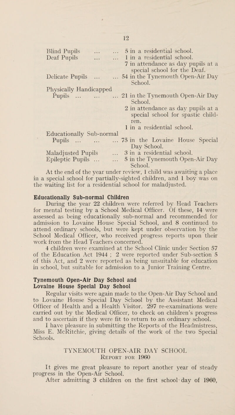 Blind Pupils ... ... 5 in a residential school. Deaf Pupils ... ... 1 in a residential school. 7 in attendance as day pupils at a special school for the Deaf. Delicate Pupils ... ... 54 in the Tynemouth Open-Air Da}/ School. Physically Handicapped Pupils ... ... ... 21 in the Tynemouth Open-Air Day School. 2 in attendance as day pupils at a special school for spastic child¬ ren. 1 in a residential school. Educationally Sub-normal Pupils ... ... ... 75 in the Lovaine House Special Day School. Maladjusted Pupils ... 3 in a residential school. Epileptic Pupils ... ... 5 in the Tynemouth Open-Air Day School. At the end of the year under review, 1 child was awaiting a place in a special school for partially-sighted children, and 1 boy was on the waiting list for a residential school for maladjusted. Educationally Sub-normal Children During the year 22 children were referred by Plead Teachers for mental testing by a School Medical Officer. Of these, 14 were assessed as being educationally sub-normal and recommended for admission to Lovaine House Special School, and 8 continued to attend ordinary schools, but were kept under observation by the School Medical Officer, who received progress reports upon their work from the Plead Teachers concerned. 4 children were examined at the School Clinic under Section 57 of the Education Act 1944 ; 2 were reported under Sub-section 5 of this Act, and 2 were reported as being unsuitable for education in school, but suitable for admission to a Junior Training Centre. Tynemouth Open-Air Day School and Lovaine House Special Day School Regular visits were again made to the Open-Air Day School and to Lovaine House Special Day School by the Assistant Medical Officer of Health and a Health Visitor. 297 re-examinations were carried out by the Medical Officer, to check on children’s progress and to ascertain if they were fit to return to an ordinary school. I have pleasure in submitting the Reports of the Headmistress, Miss E. McRitchie, giving details of the work of the two Special Schools. TYNEMOUTH OPEN-AIR DAY SCHOOL Report for 1960 It gives me great pleasure to report another year of steady progress in the Open-Air School. After admitting 3 children on the first schooLday of 1960,