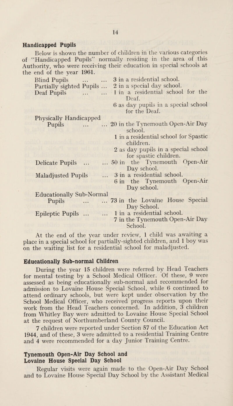 Handicapped Pupils Below is shown the number of children in the various categories of “Handicapped Pupils normally residing in the area of this Authority, who were receiving their education in special schools at the end of the year 1961. Blind Pupils . 3 in a residential school. Partially sighted Pupils ... 2 in a special day school. Deaf Pupils . 1 in a residential school for the Deaf. 6 as day pupils in a special school for the Deaf. Physically Handicapped Pupils .20 in the Tynemouth Open-Air Day school. 1 in a residential school for Spastic children. 2 as day pupils in a special school for spastic children. Delicate Pupils .50 in the Tynemouth Open-Air Day school. Maladjusted Pupils ... 3 in a residential school. 6 in the Tynemouth Open-Air Day school. Educationally Sub-Normal Pupils .73 in the Lovaine House Special Day School. Epileptic Pupils. 1 in a residential school. 7 in the Tynemouth Open-Air Day School. At the end of the year under review, 1 child was awaiting a place in a special school for partially-sighted children, and 1 boy was on the waiting list for a residential school for maladjusted. Educationally Sub-normal Children During the year 15 children were referred by Head Teachers for mental testing by a School Medical Officer. Of these, 9 were assessed as being educationally sub-normal and recommended for admission to Lovaine House Special School, while 6 continued to attend ordinary schools, but were kept under observation by the School Medical Officer, who received progress reports upon their work from the Head Teachers concerned. In addition, 3 children from Whitley Bay were admitted to Lovaine House Special School at the request of Northumberland County Council. 7 children were reported under Section 57 of the Education Act 1944, and of these, 3 were admitted to a residential Training Centre and 4 were recommended for a day Junior Training Centre. Tynemouth Open-Air Day School and Lovaine House Special Day School Regular visits were again made to the Open-Air Day School and to Lovaine House Special Day School by the Assistant Medical