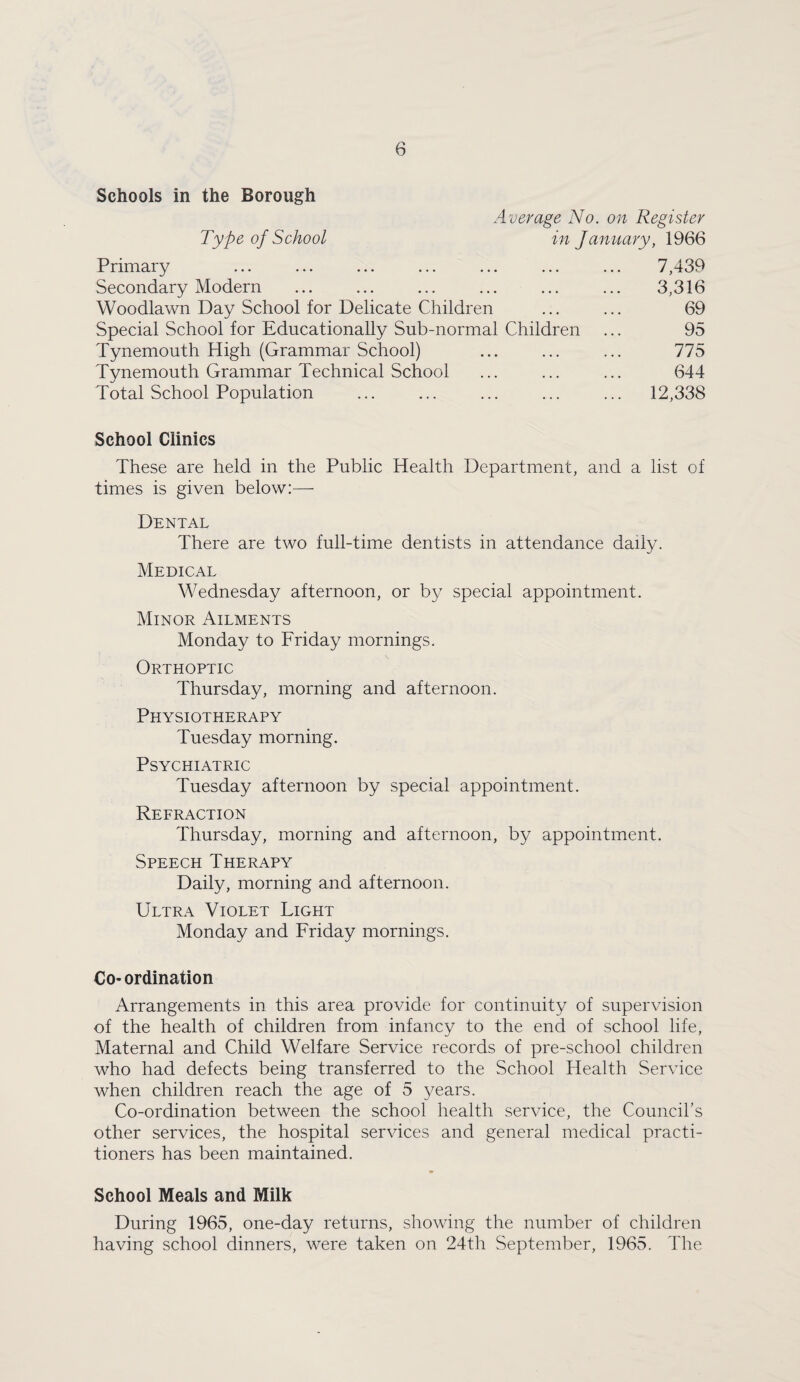 Schools in the Borough Average No. on Register Type of School in January, 1966 Primary Secondary Modern Woodlawn Day School for Delicate Children Special School for Educationally Sub-normal Children Tynemouth High (Grammar School) Tynemouth Grammar Technical School Total School Population 12,338 7,439 3,316 95 775 644 69 School Clinics These are held in the Public Health Department, and a list of times is given below:— Dental There are two full-time dentists in attendance daily. Medical Wednesday afternoon, or by special appointment. Minor Ailments Monday to Friday mornings. Orthoptic Thursday, morning and afternoon. Physiotherapy Tuesday morning. Psychiatric Tuesday afternoon by special appointment. Refraction Thursday, morning and afternoon, by appointment. Speech Therapy Daily, morning and afternoon. Ultra Violet Light Monday and Friday mornings. Co- ordination Arrangements in this area provide for continuity of supervision of the health of children from infancy to the end of school life. Maternal and Child Welfare Service records of pre-school children who had defects being transferred to the School Health Service when children reach the age of 5 years. Co-ordination between the school health service, the Council’s other services, the hospital services and general medical practi¬ tioners has been maintained. School Meals and Milk During 1965, one-day returns, showing the number of children having school dinners, were taken on 24th September, 1965. The