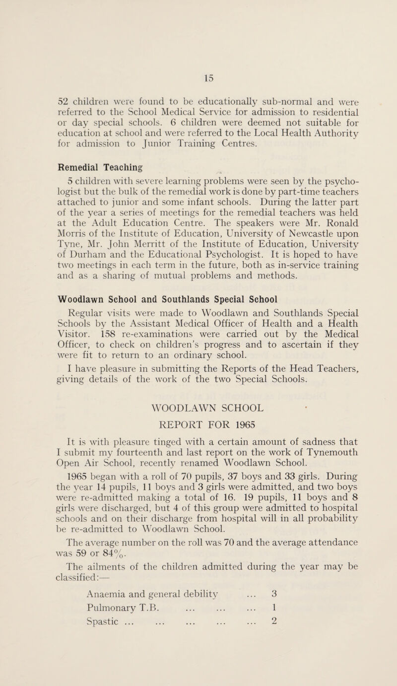 52 children were found to be educationally sub-normal and were referred to the School Medical Service for admission to residential or day special schools. 6 children were deemed not suitable for education at school and were referred to the Local Health Authority for admission to Junior Training Centres. Remedial Teaching 5 children with severe learning problems were seen by the psycho¬ logist but the bulk of the remedial work is done by part-time teachers attached to junior and some infant schools. During the latter part of the year a series of meetings for the remedial teachers was held at the Adult Education Centre. The speakers were Mr. Ronald Morris of the Institute of Education, University of Newcastle upon Tyne, Mr. John Merritt of the Institute of Education, University of Durham and the Educational Psychologist. It is hoped to have two meetings in each term in the future, both as in-service training and as a sharing of mutual problems and methods. Woodlawn School and Southlands Special School Regular visits were made to Woodlawn and Southlands Special Schools by the Assistant Medical Officer of Health and a Health Visitor. 158 re-examinations were carried out by the Medical Officer, to check on children's progress and to ascertain if they were fit to return to an ordinary school. I have pleasure in submitting the Reports of the Head Teachers, giving details of the work of the two Special Schools. WOODLAWN SCHOOL REPORT EOR 1965 It is with pleasure tinged with a certain amount of sadness that I submit my fourteenth and last report on the work of Tynemouth Open Air School, recently renamed Woodlawn School. 1965 began with a roll of 70 pupils, 37 boys and 33 girls. During the year 14 pupils, 11 boys and 3 girls were admitted, and two boys were re-admitted making a total of 16. 19 pupils, 11 boys and 8 girls were discharged, but 4 of this group were admitted to hospital schools and on their discharge from hospital will in all probability be re-admitted to Woodlawn School. The average number on the roll was 70 and the average attendance was 59 or 84%. The ailments of the children admitted during the year may be classified:— Anaemia and general debility ... 3 Pulmonary T.B. ... ... ... 1 Spastic ... ... ... ... ... 2