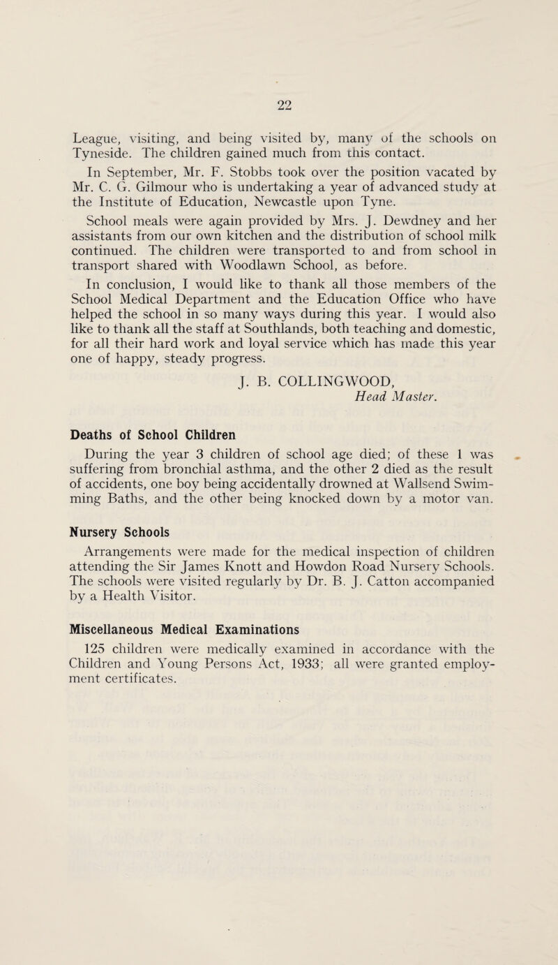 League, visiting, and being visited by, many of the schools on Tyneside. The children gained much from this contact. In September, Mr. F. Stobbs took over the position vacated by Mr. C. G. Gilmour who is undertaking a year of advanced study at the Institute of Education, Newcastle upon Tyne. School meals were again provided by Mrs. J. Dewdney and her assistants from our own kitchen and the distribution of school milk continued. The children were transported to and from school in transport shared with Woodlawn School, as before. In conclusion, I would like to thank all those members of the School Medical Department and the Education Office who have helped the school in so many ways during this year. I would also like to thank all the staff at Southlands, both teaching and domestic, for all their hard work and loyal service which has made this year one of happy, steady progress. J. B. COLLINGWOOD, Head Master. Deaths of School Children During the year 3 children of school age died; of these 1 was suffering from bronchial asthma, and the other 2 died as the result of accidents, one boy being accidentally drowned at Wallsend Swim¬ ming Baths, and the other being knocked down by a motor van. Nursery Schools Arrangements were made for the medical inspection of children attending the Sir James Knott and Howdon Road Nursery Schools. The schools were visited regularly by Dr. B. J. Catton accompanied by a Health Visitor. Miscellaneous Medical Examinations 125 children were medically examined in accordance with the Children and Young Persons Act, 1933; all were granted employ¬ ment certificates.
