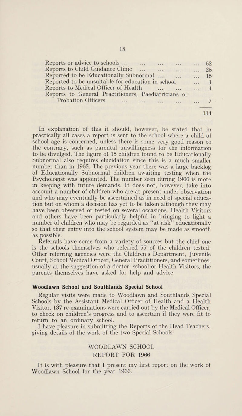 Reports or advice to schools ... ... ... ... ... 62 Reports to Child Guidance Clinic ... ... ... ... 25 Reported to be Educationally Subnormal ... ... ... 15 Reported to be unsuitable for education in school ... 1 Reports to Medical Officer of Health ... ... ... 4 Reports to General Practitioners, Paediatricians or Probation Officers ... ... ... ... ... 7 114 In explanation of this it should, however, be stated that in practically all cases a report is sent to the school where a child of school age is concerned, unless there is some very good reason to the contrary, such as parental unwillingness for the information to be divulged. The figure of 15 children found to be Educationally Subnormal also requires elucidation since this is a much smaller number than in 1965. The previous year there was a large backlog of Educationally Subnormal children awaiting testing when the Psychologist was appointed. The number seen during 1966 is more in keeping with future demands. It does not, however, take into account a number of children who are at present under observation and who may eventually be ascertained as in need of special educa¬ tion but on whom a decision has yet to be taken although they may have been observed or tested on several occasions. Health Visitors and others have been particularly helpful in bringing to light a number of children who may be regarded as “at risk” educationally so that their entry into the school system may be made as smooth as possible. Referrals have come from a variety of sources but the chief one is the schools themselves who referred 77 of the children tested. Other referring agencies were the Children’s Department, Juvenile Court, School Medical Officer, General Practitioners, and sometimes, usually at the suggestion of a doctor, school or Health Visitors, the parents themselves have asked for help and advice. Woodlawn School and Southlands Special School Regular visits were made to Woodlawn and Southlands Special Schools by the Assistant Medical Officer of Health and a Health Visitor. 137 re-examinations were carried out by the Medical Officer, to check on children’s progress and to ascertain if they were fit to return to an ordinary school. I have pleasure in submitting the Reports of the Head Teachers, giving details of the work of the two Special Schools. WOODLAWN SCHOOL REPORT FOR 1966 It is with pleasure that I present my first report on the work of Woodlawn School for the year 1966.