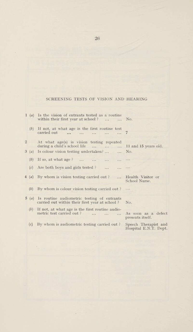 SCREENING TESTS OF VISION AND 1 (a) Is the vision of entrants tested as a routine within their first ^^ear at school ? (b) If not, at what age is the first routine test carried out 2 At what age(s) is vision testing repeated during a child’s school life 3 (a) Is colour vision testing undertaken? ... (b) If so, at what age ? (c) Are both boys and girls tested ? 4 (a) By whom is vision testing carried out ? (b) By whom is colour vision testing carried out ? 5 (a) Is routine audiometric testing of entrants carried out within their first year at school ? (b) If not, at what age is the first routine audio¬ metric test carried out ? (c) By whom is audiometric testing carried out ? HEARING No. 7 11 and 15 years old. No. Health Visitor or School Nurse. No. As soon as a defect presents itself. Speech Therapist and Hospital E.N.T. Dept.