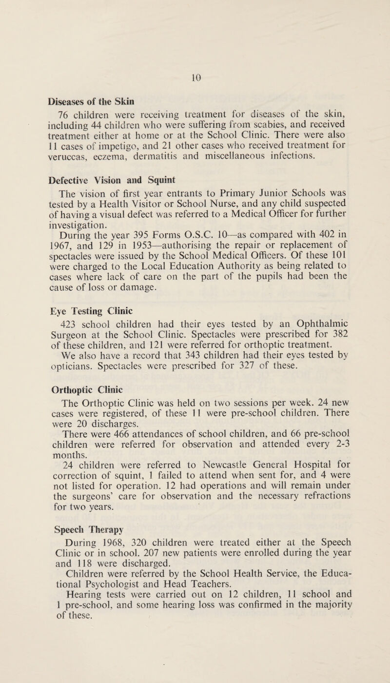 Diseases of the Skin 76 children were receiving treatment for diseases of the skin, including 44 children who were suffering from scabies, and received treatment either at home or at the School Clinic. There were also 11 cases of impetigo, and 21 other cases who received treatment for veruccas, eczema, dermatitis and miscellaneous infections. Defective Vision and Squint The vision of first year entrants to Primary Junior Schools was tested by a Health Visitor or School Nurse, and any child suspected of having a visual defect was referred to a Medical Officer for further investigation. During the year 395 Forms O.S.C. 10—as compared with 402 in 1967, and 129 in 1953—authorising the repair or replacement of spectacles were issued by the School Medical Officers. Of these 101 were charged to the Local Education Authority as being related to cases where lack of care on the part of the pupils had been the cause of loss or damage. Eye Testing Clinic 423 school children had their eyes tested by an Ophthalmic Surgeon at the School Clinic. Spectacles were prescribed for 382 of these children, and 121 were referred for orthoptic treatment. We also have a record that 343 children had their eyes tested by opticians. Spectacles were prescribed for 327 of these. Orthoptic Clinic The Orthoptic Clinic was held on two sessions per week. 24 new cases were registered, of these 11 were pre-school children. There were 20 discharges. There were 466 attendances of school children, and 66 pre-school children were referred for observation and attended every 2-3 months. 24 children were referred to Newcastle General Hospital for correction of squint, 1 failed to attend when sent for, and 4 were not listed for operation. 12 had operations and will remain under the surgeons’ care for observation and the necessary refractions for two years. Speech Therapy During 1968, 320 children were treated either at the Speech Clinic or in school. 207 new patients were enrolled during the year and 118 were discharged. Children were referred by the School Health Service, the Educa¬ tional Psychologist and Head Teachers. Hearing tests were carried out on 12 children, 11 school and 1 pre-school, and some hearing loss was confirmed in the majority of these.
