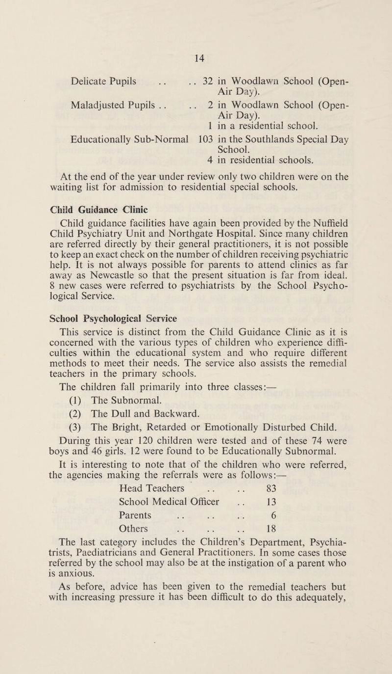 Delicate Pupils .. .. 32 in Woodlawii School (Open- Air Day). Maladjusted Pupils .. .. 2 in Woodlawn School (Open- Air Day). 1 in a residential school. Educationally Sub-Normal 103 in the Southlands Special Day School. 4 in residential schools. At the end of the year under review only tv/o children were on the waiting list for admission to residential special schools. Child Guidance Clinic Child guidance facilities have again been provided by the Nuffield Child Psychiatry Unit and Northgate Hospital. Since many children are referred directly by their general practitioners, it is not possible to keep an exact check on the number of children receiving psychiatric help. It is not always possible for parents to attend clinics as far away as Newcastle so that the present situation is far from ideal. 8 new cases were referred to psychiatrists by the School Psycho¬ logical Service. School Psychological Service This service is distinct from the Child Guidance Clinic as it is concerned with the various types of children who experience diffi¬ culties within the educational system and who require different methods to meet their needs. The service also assists the remedial teachers in the primary schools. The children fall primarily into three classes;— (1) The Subnormal. (2) The Dull and Backward. (3) The Bright, Retarded or Emotionally Disturbed Child. During this year 120 children were tested and of these 74 were boys and 46 girls. 12 were found to be Educationally Subnormal. It is interesting to note that of the children who were referred, the agencies making the referrals were as follows:— Head Teachers .. .. 83 School Medical Officer .. 13 Parents .. .. .. 6 Others .. .. .. 18 The last category includes the Children’s Department, Psychia¬ trists, Paediatricians and General Practitioners. In some cases those referred by the school may also be at the instigation of a parent who is anxious. As before, advice has been given to the remedial teachers but with increasing pressure it has been difficult to do this adequately.