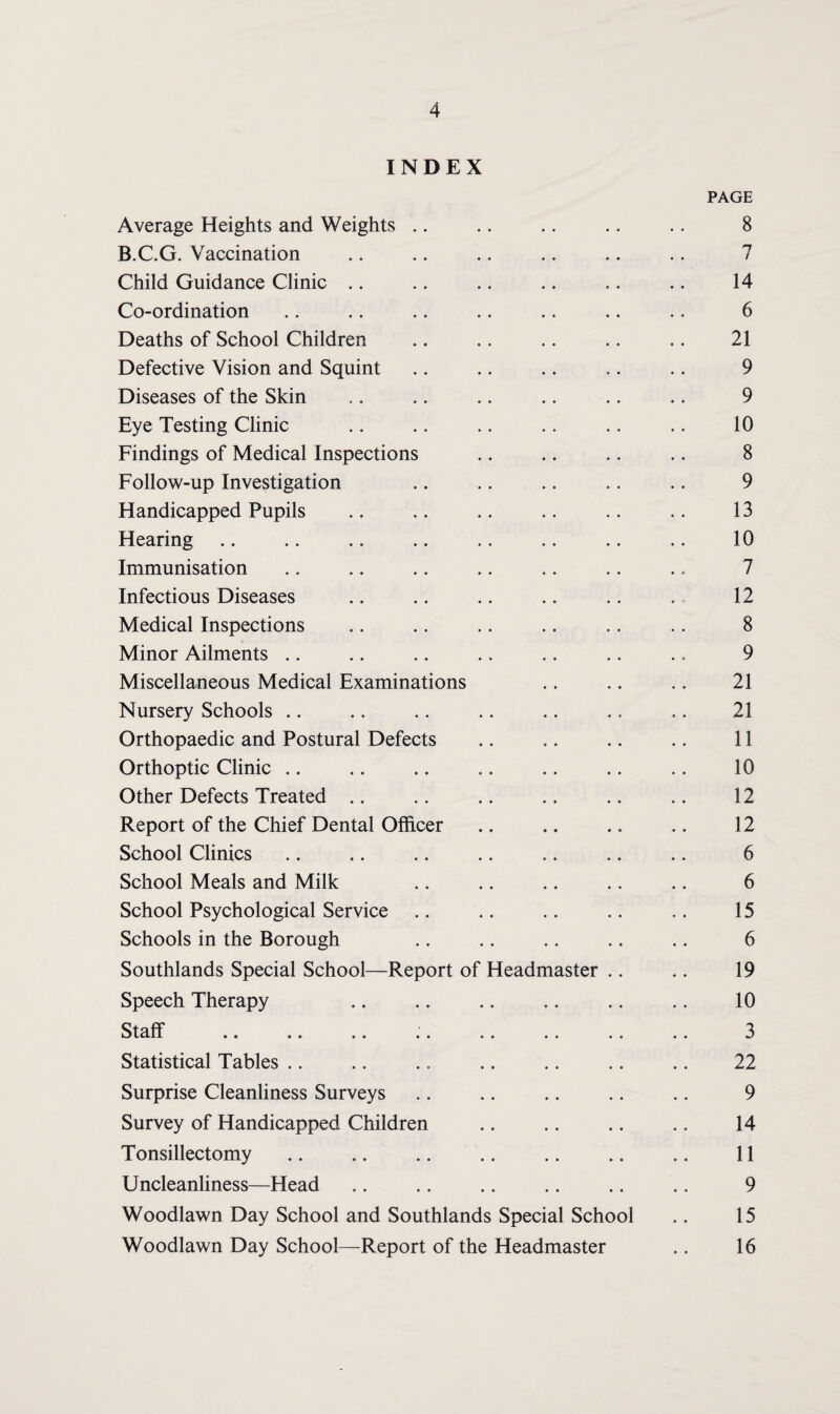 INDEX Average Heights and Weights .. B.C.G. Vaccination Child Guidance Clinic .. Co-ordination Deaths of School Children Defective Vision and Squint Diseases of the Skin Eye Testing Clinic Findings of Medical Inspections Follow-up Investigation Handicapped Pupils Hearing Immunisation Infectious Diseases Medical Inspections Minor Ailments .. Miscellaneous Medical Examinations Nursery Schools .. Orthopaedic and Postural Defects Orthoptic Clinic .. Other Defects Treated .. Report of the Chief Dental Officer School Clinics School Meals and Milk School Psychological Service Schools in the Borough Southlands Special School—Report of Headmaster .. Speech Therapy ^^ta^ff •• •• •• •• •• •• •• Statistical Tables .. Surprise Cleanliness Surveys Survey of Handicapped Children Tonsillectomy Uncleanliness—Head Woodlawn Day School and Southlands Special School Woodlawn Day School—Report of the Headmaster PAGE 8 1 / 14 6 21 9 9 10 8 9 13 10 7 12 8 9 21 21 11 10 12 12 6 6 15 6 19 10 3 22 9 14 11 9 15 16