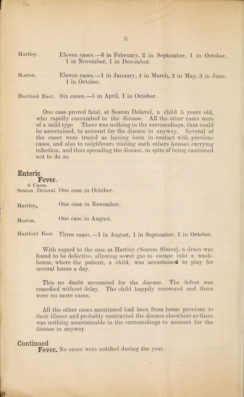 Hartley. Eleven cases.—6 in February, 2 in September, 1 in October, 1 in November, 1 in December. Horton. Eleven cases.—1 in January, 4 in March, 2 in May, 3 in June, 1 in October. Hartford East. Six cases.—5 in April, 1 in October. One case proved fatal, at Seaton Delaval, a child 5 years old, who rapidly succumbed to the disease. All the other cases were of a mild type There was nothing in the surroundings, that could be ascertained, to account for the disease in anyway. Several of the cases were traced as having been in contact with previous cases, and also to neighbours visiting each others houses, carrying infection, and thus spreading the disease, in spite of being cautioned not to do so. Enteric Fever. 6 Cases. Seaton Delaval. One case in October. Hartley. One case in November. jjorton One case in August. Hartford East. Three cases.—1 in August, 1 in September, 1 in October. With regard to the case at Hartley (Seaton Sluice), a drain was found to be defective, allowing sewer gas to escape into a wash¬ house, where the patient, • a child, was accustomed to play for several hours a day. This no doubt accounted for the disease. The defect was remedied without delay. The child happily recovered and there were no more cases. All the other cases mentioned had been from home previous to their illness and probably contracted the disease elsewhere as there was nothing ascertainable in the surroundings to account for the disease in anyway. Continued Fever, No cases were notified during the year.