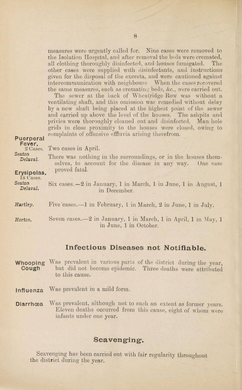 Puerperal Fever. 2 Cases. Seaton Delaval. Erysipelas. 18 Cases. Seaton Delaval, measures were urgently called for. Nine cases were removed to the Isolation Hospital, and after removal the beds were cremated, all clothing thoroughly disinfected, and houses fumigated. The other cases were supplied with disinfectants, and instructions given for the disposal of the excreta, and were cautioned against intercommunication with neighbours. When the cases recovered the same measures, such as cremating beds, &c., were carried out. The sewer at the back of Wheatridge Kow was without a ventilating shaft, and this omission was remedied without delay by a new shaft being placed at the highest point of the sewer and carried up above the level of the houses. The ashpits and privies were thoroughly cleaned out and disinfected. Man-hole grids in close proximity to the houses were closed, owing to complaints of offensive effluvia arising therefrom. Two cases in April. There was nothing in the surroundings, or in the houses them¬ selves, to account for the disease in any way. One case proved fatal. 8ix cases.—2 in January, 1 in March, 1 in June, 1 in August, 1 in December. Hartley, Five‘cases.—1 in February, 1 in March, 2 in June, 1 in July. Horton, Seven cases.—2 in January, 1 in March, 1 in April, 1 m May, 1 in June, 1 in October. Infectious Diseases not Notifiable. Whooping Was prevalent in various parts of the district during the year, Cough but did not become epidemic. Three deaths were attributed to this cause. Influenza Was prevalent in a mild form. Diarrhoea Was prevalent, although not to such an extent as former years. Eleven deaths occurred from this cause, eight of whom were infants under one year. Seaveng*ing*. Scavenging has been carried out with fair regularity throughout the district during the year.
