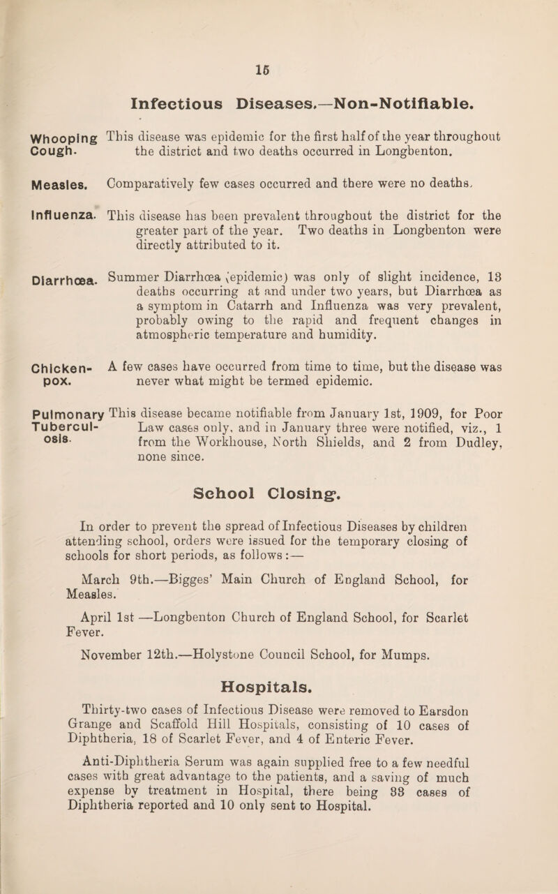 Infectious Diseases,—Non-Notiflable. Whooping This disease was epidemic for the first half of the year throughout Cough. the district and two deaths occurred in Longbenton. Measles, Comparatively few cases occurred and there were no deaths. Influenza. This disease has been prevalent throughout the district for the greater part of the year. Two deaths in Longbenton were directly attributed to it. Diarrhoea. Summer Diarrhoea v'epidemic) was only of slight incidence, 18 deaths occurring at and under two years, but Diarrhoea as a symptom in Catarrh and Influenza was very prevalent, probably owing to the rapid and frequent changes in atmospheric temperature and humidity. Chicken- A few cases have occurred from time to time, but the disease was pox. never what might be termed epidemic. Pulmonary This disease became notifiable from January 1st, 1909, for Poor Tubercul- Law cases only, and in January three were notified, viz., 1 °8^8- from the Workhouse, North Shields, and 2 from Dudley, none since. School Closing’. In order to prevent the spread of Infectious Diseases by children attending school, orders were issued for the temporary closing of schools for short periods, as follows :— March 9th.—Bigges’ Main Church of England School, for Measles. April 1st —Longbenton Church of England School, for Scarlet Fever. November 12th.—Holystone Council School, for Mumps. Hospitals. Thirty-two cases of Infectious Disease were removed to Earsdon Grange and Scaffold Hill Hospitals, consisting of 10 cases of Diphtheria, 18 of Scarlet Fever, and 4 of Enteric Fever. Anti-Diphtheria Serum was again supplied free to a few needful cases with great advantage to the patients, and a saving of much expense by treatment in Hospital, there being 88 cases of Diphtheria reported and 10 only sent to Hospital.