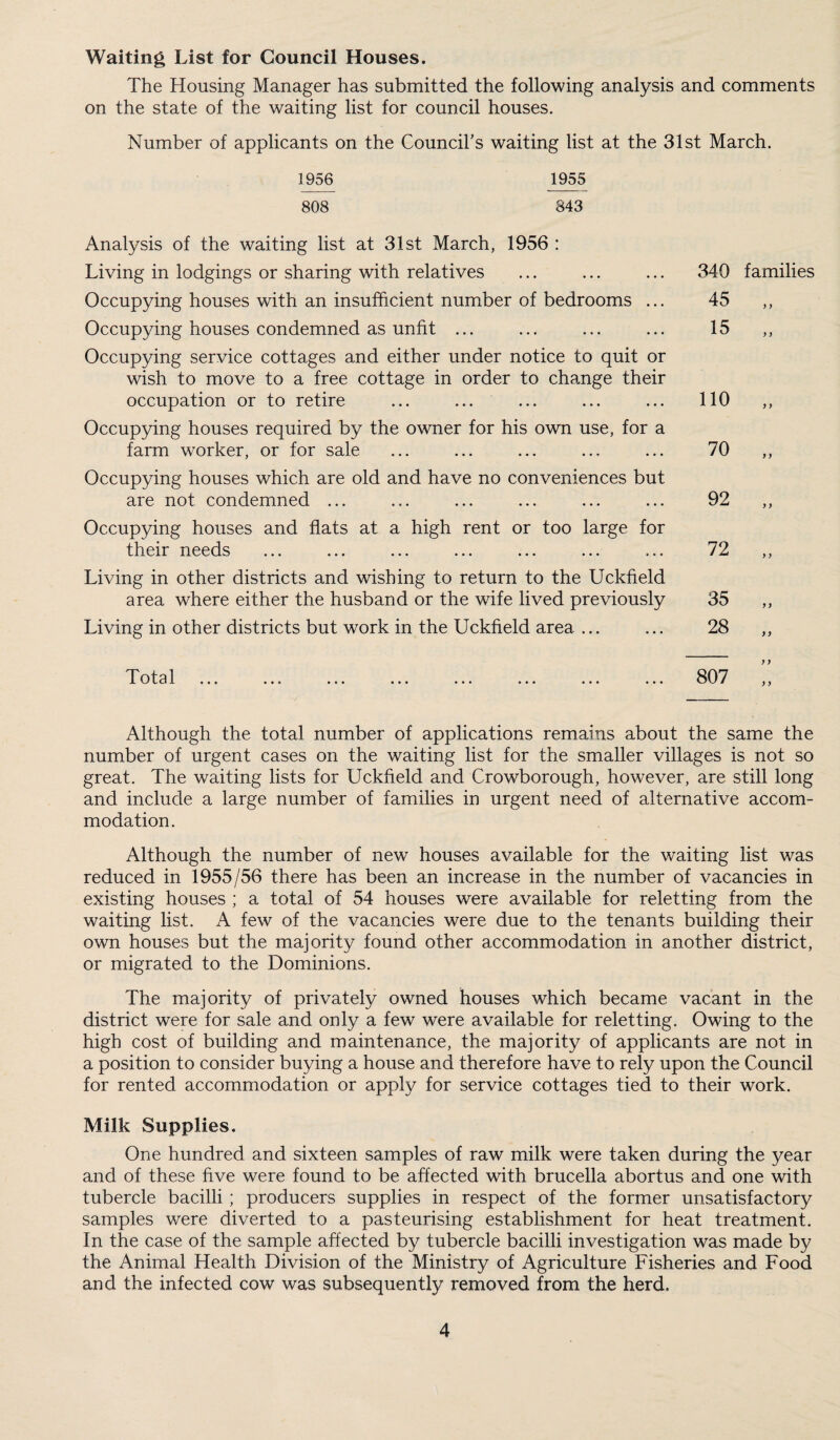 Waiting List for Council Houses. The Housing Manager has submitted the following analysis and comments on the state of the waiting list for council houses. Number of applicants on the Council's waiting list at the 31st March. 1956 1955 808 843 Analysis of the waiting list at 31st March, 1956 : Living in lodgings or sharing with relatives Occupying houses with an insufficient number of bedrooms ... Occupying houses condemned as unfit ... Occupying service cottages and either under notice to quit or wish to move to a free cottage in order to change their occupation or to retire Occupying houses required by the owner for his own use, for a farm worker, or for sale Occupying houses which are old and have no conveniences but are not condemned ... Occupying houses and flats at a high rent or too large for their needs ... ... ... ... ... ... ... Living in other districts and wishing to return to the Uckfield area where either the husband or the wife lived previously Living in other districts but work in the Uckfield area ... 340 45 15 families yy 110 70 92 72 35 28 Total 807 y y y y Although the total number of applications remains about the same the number of urgent cases on the waiting list for the smaller villages is not so great. The waiting lists for Uckfield and Crowborough, however, are still long and include a large number of families in urgent need of alternative accom¬ modation. Although the number of new houses available for the waiting list was reduced in 1955/56 there has been an increase in the number of vacancies in existing houses ; a total of 54 houses were available for reletting from the waiting list. A few of the vacancies were due to the tenants building their own houses but the majority found other accommodation in another district, or migrated to the Dominions. The majority of privately owned houses which became vacant in the district were for sale and only a few were available for reletting. Owing to the high cost of building and maintenance, the majority of applicants are not in a position to consider buying a house and therefore have to rely upon the Council for rented accommodation or apply for service cottages tied to their work. Milk Supplies. One hundred and sixteen samples of raw milk were taken during the year and of these five were found to be affected with brucella abortus and one with tubercle bacilli ; producers supplies in respect of the former unsatisfactory samples were diverted to a pasteurising establishment for heat treatment. In the case of the sample affected by tubercle bacilli investigation was made by the Animal Health Division of the Ministry of Agriculture Fisheries and Food and the infected cow was subsequently removed from the herd.