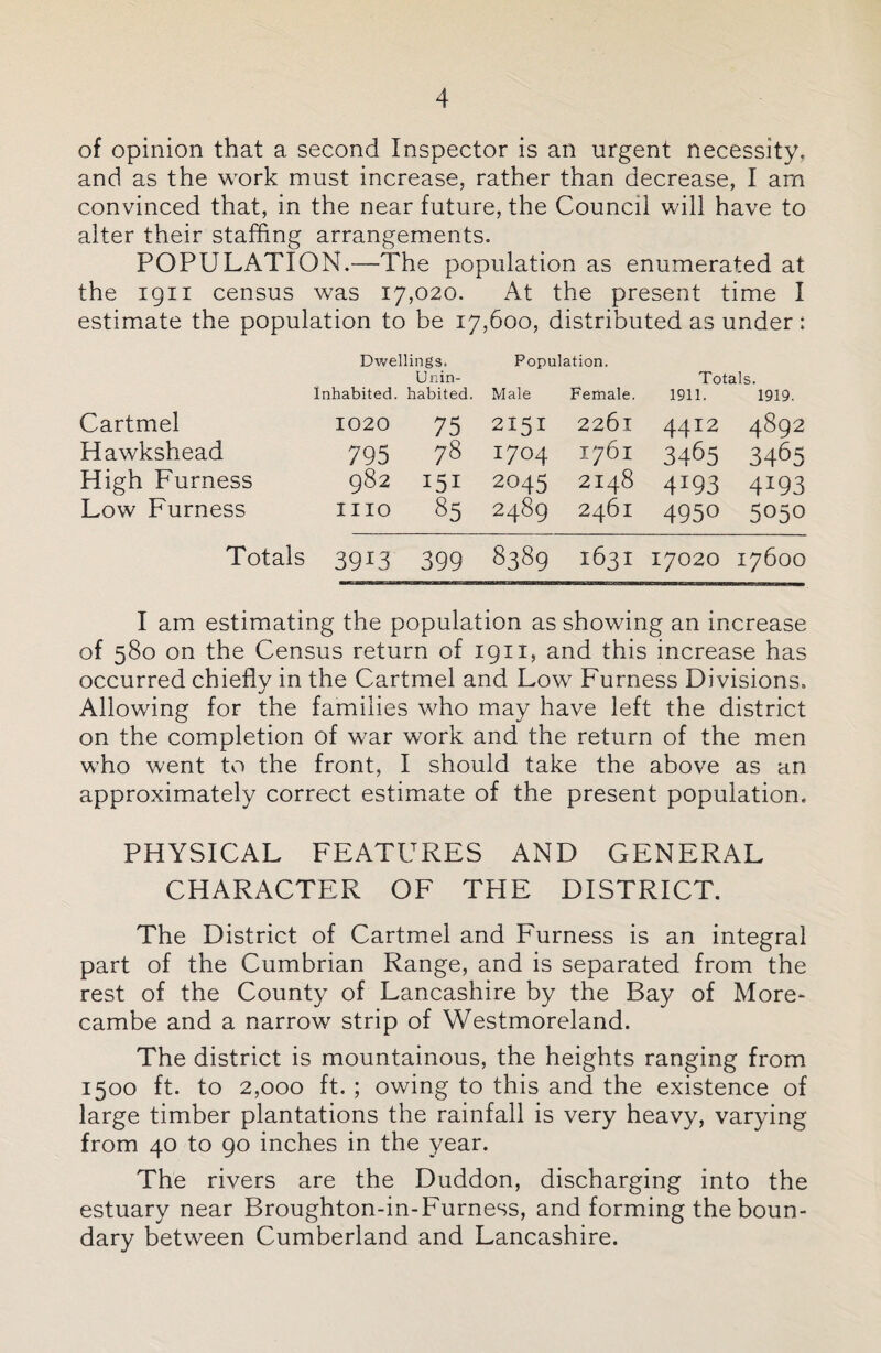 of opinion that a second Inspector is an urgent necessity, and as the work must increase, rather than decrease, I am convinced that, in the near future, the Council will have to alter their staffing arrangements. POPULATION.—The population as enumerated at the 1911 census was 17,020. At the present time I estimate the population to be 17,600, distributed as under: Dwellings. Population. Unin- Totals. Inhabited. habited. Male Female. 1911. 1919. Cartmel 1020 75 2151 226l 4412 4892 Hawkshead 795 78 1704 1761 3465 3465 High Furness 982 151 2045 2148 4I93 4193 Low Furness IIIO 85 2489 2461 4950 5050 Totals 39J3 399 8389 1631 17020 17600 I am estimating the population as showing an increase of 580 on the Census return of 1911, and this increase has occurred chiefly in the Cartmel and Low Furness Divisions. Allowing for the families who may have left the district on the completion of war work and the return of the men who went to the front, I should take the above as an approximately correct estimate of the present population. PHYSICAL FEATURES AND GENERAL CHARACTER OF THE DISTRICT. The District of Cartmel and Furness is an integral part of the Cumbrian Range, and is separated from the rest of the County of Lancashire by the Bay of More- cambe and a narrow strip of Westmoreland. The district is mountainous, the heights ranging from 1500 ft. to 2,000 ft. ; owing to this and the existence of large timber plantations the rainfall is very heavy, varying from 40 to 90 inches in the year. The rivers are the Duddon, discharging into the estuary near Broughton-in-Furness, and forming the boun¬ dary between Cumberland and Lancashire.