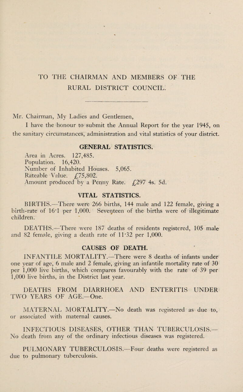 TO THE CHAIRMAN AND MEMBERS OF THE RURAL DISTRICT COUNCIL. Mr. Chairman, My Ladies and Gentlemen, I have the honour to submit the Annual Report for the year 1945, on the sanitary circumstances, administration and vital statistics of your district. GENERAL STATISTICS. Area in Acres. 127,485. Population. 16,420. Number of Inhabited Houses. 5,065. Rateable Value. .£75,802. Amount produced by a Penny Rate. £297 4s. 5d. VITAL STATISTICS. BIRTHS.—There were 266 births, 144 male and 122 female, giving a birth-rate of 16*1 per 1,000. Seventeen of the births were of illegitimate children. DEATHS.—There were 187 deaths of residents registered, 105 male and 82 female, giving a death rate of 11 '32 per 1,000. CAUSES OF DEATH. INFANTILE MORTALITY.—There were 8 deaths of infants under one year of age, 6 male and 2 female, giving an infantile mortality rate of 30 per 1,000 live births, which compares favourably with the rate of 39 per 1,000 live births, in the District last year. DEATHS FROM DIARRHOEA AND ENTERITIS UNDER TWO YEARS OF AGE.—One. MATERNAL MORTALITY.—No death was registered as due to, or associated with maternal causes. INFECTIOUS DISEASES, OTHER THAN TUBERCULOSIS.— No death from any of the ordinary infectious diseases was registered. PULMONARY TUBERCULOSIS.—Four deaths were registered as due to pulmonary tuberculosis.