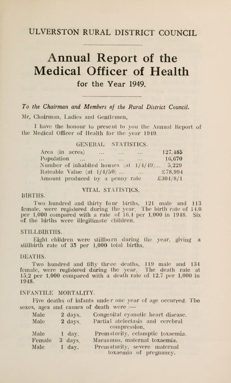 ULVERSTON RURAL DISTRICT COUNCIL Annual Report of the Medical Officer of Health for the Year 1949. To the Chairman and Members of the Rural District Council. Mr. Chairman, Ladies and Gentlemen, 1 have the honour to present to you the Annual Report of the Medical Officer of Health for the year 1949. GENERAL STATISTICS. Area (in acres) ... ... ... 127,485 Population ... ... ... ... 16,670 Number of inhabited houses (at 1/4/49)... 5,229 Rateable Value (at 1/4/50) ... ... £78,994 Amount produced by a penny rate £304/8/1 VITAL STATISTICS. BIRTHS. Two hundred and thirty four births, 121 male and 113 female, were registered during the year. The birth rate of 14.0 per 1,000 compared with a rate of 16.4 per 1,000 in 1948. Six of the births were illegitimate' children. STILLBIRTHS. Eight children were stillborn during the year, giving a stillbirth rate of 33 per 1,000 total births. DEATHS. Two hundred and fiftv three deaths, 119 male and 134 female, were registered during! the year. The death rate at 15.2 per 1,000 compared with a death rate of 12.7 per 1,000 in 1948. INFANTILE MORTALITY. Five deaths of infants under one year of age occurred, sexes, ages and causes of death were :— Male 2 days. Congenital cyanotic heart disease. Male 2 days. Partial atelectasis and cerebral compression. Male 1 day. Prematurity, eclamptic toxaemia. Female 3 days. Marasmus, maternal toxaemia. toxaemia of pregnancy. The