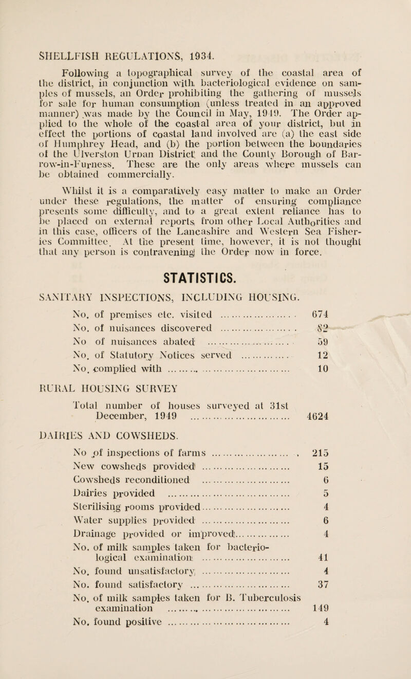 Following a topographical survey of the coastal area of the district, in conjunction with bacteriological evidence on sam¬ ples of mussels, an Order prohibiting the gathering of mussels for sale for human consumption (unless treated in an approved manner) was made by the Council in May, 1919. The Order ap¬ plied to the whole of the coastal area of your district, but in effect the portions of coastal land involved are (a) the east side of Humphrey Head, and (b) the portion between the boundaries of the Ulverston Urnan District' and the County Borough of Bar- row-in-Furness. These are the only areas where mussels can be obtained commercially. Whilst it is a comparatively easy matter to make an Order under these regulations, the matter of ensuring compliance presents some difficulty, and to1 a great extent reliance has to be placed on external reports, from other Local Authorities and in this case, officers of the Lancashire and Western Sea Fisher¬ ies Committee. At the present lime, however, it is not thought that any person is contravening! the Order now in force. STATISTICS. SANITARY INSPECTIONS, INCLUDING HOUSING. No. of premises etc. visited . 674 No. of nuisances discovered . 82 No of nuisances abated . 59 No. of Statutory Notices served . 12 No. complied with . 10 RURAL HOUSING SURVEY Total number of houses surveyed at 31st December, 1919 . 4624 DAIRIES AND COWSHEDS. No jof inspections of farms . . New cowsheds provided) . Cowsheds reconditioned . Dairies provided . Sterilising rooms provided. Water supplies provided . Drainage provided or improved!. No. of milk samples taken for bacterio¬ logical examination . No. found unsatisfactory, . No. found satisfactory . No. of milk samples taken for B. Tuberculosis examination . No. found positive . 215 15 6 5 1 6 4 41 4 37 149 4