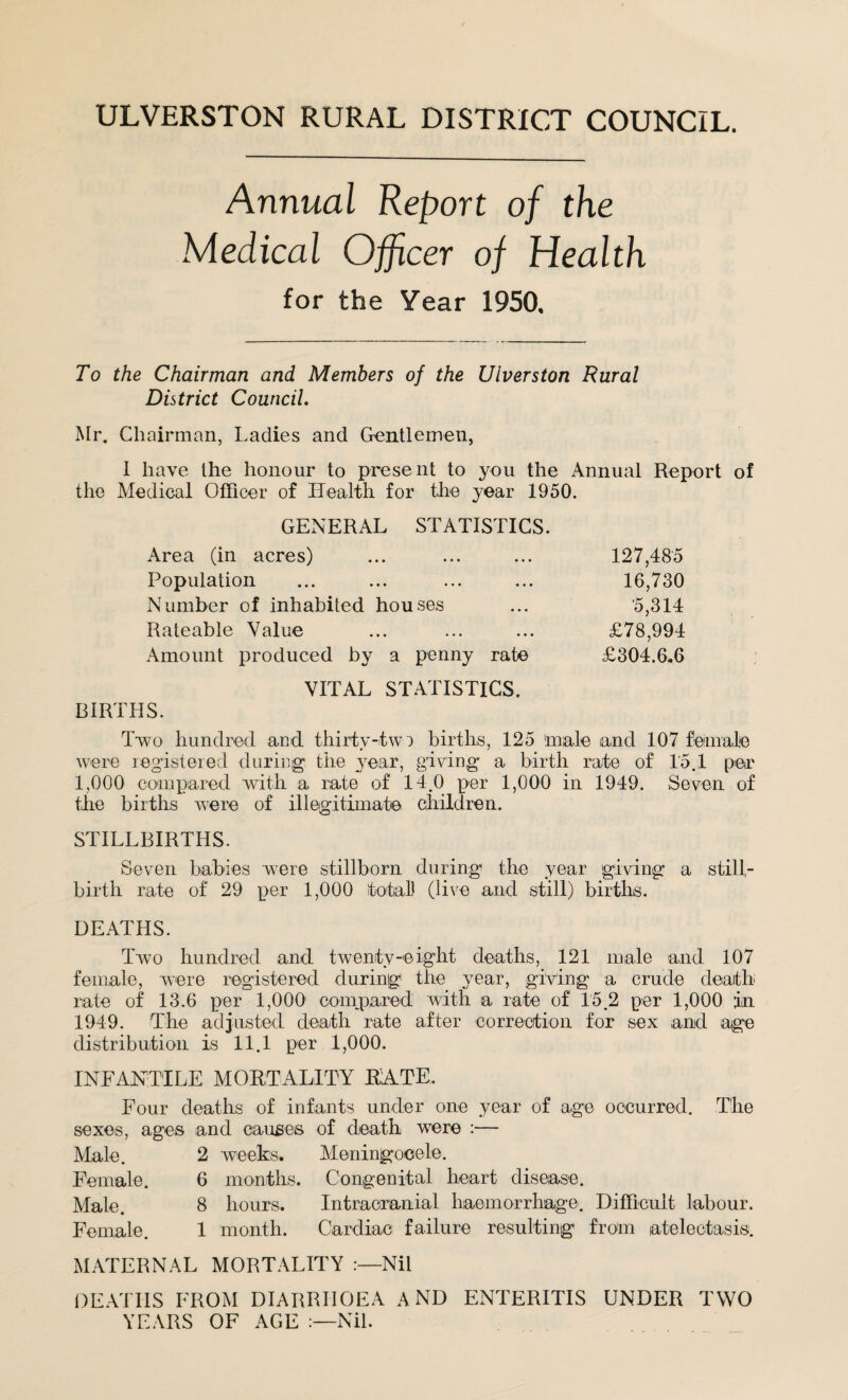 ULVERSTON RURAL DISTRICT COUNCIL. Annual Report of the Medical Officer of Health for the Year 1950, To the Chairman and Members of the Ulverston Rural District Council. Mr. Chairman, Ladies and Gentlemen, I have the honour to present to you the Annual Report of the Medical Officer of Health for the year 1950. GENERAL STATISTICS. Area (in acres) ... ... ... 127,485 Population ... ... ... ... 16,730 Number of inhabited houses ... 5,314 Rateable Value ... ... ... £78,994 Amount produced by a penny rate £304.6.6 VITAL STATISTICS. BIRTHS. Two hundred and thirty-two births, 125 'male and 107 female were registered during the year, giving a birth rate of 15.1 per 1,000 compared with a rate of 14.0 per 1,000 in 1949. Seven of the births were of illegitimate children. STILLBIRTHS. Seven babies were stillborn during the year giving a still¬ birth rate of 29 per 1,000 total) (live and still) births. DEATHS. Two hundred and twenty-eight deaths, 121 male and 107 female, were registered during the year, giving a crude death rate of 13.6 per 1,000 compared with a rate of 15.2 per 1,000 in 1949. The adjusted death rate after correction for sex and age distribution is 11.1 per 1,000. INFANTILE MORTALITY RATE, Four deaths of infants under one year of age occurred. The sexes, ages and causes of death were :— Male. 2 weeks. Meningocele. Female. 6 months. Congenital heart disease. Male. 8 hours. Intracranial haemorrhage. Difficult labour. Female. 1 month. Cardiac failure resulting from atelectasis. MATERNAL MORTALITY Nil DEATHS FROM DIARRHOEA AND ENTERITIS UNDER TWO YEARS OF AGE :—Nil.