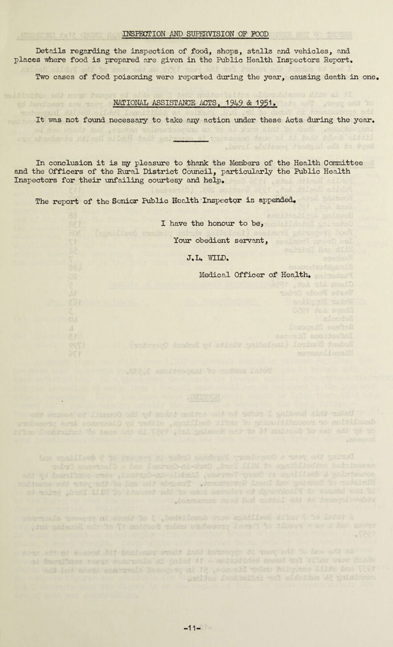 INSPECTION AND SUPERVISION OP POOD Details regarding the inspection of food., shops, stalls and vehicles, and places where food is prepared are given in the Public Health Inspectors Report. Two cases of food poisoning were reported during the year, causing death in one. NATIONAL ASSISTANCE ACTS, 1949 & 1951* It was not found necessary to take any action under these Acts during the year. In conclusion it is ray pleasure to thank the Members of the Health Committee and the Officers of the Rural District Council, particularly the Public Health Inspectors for their unfailing oourtesy and help. The report of the Senior Public HerJLth • Inspector is appended. I have the honour to be, Your obedient servant, J.L, TOLD. Medical Officer of Health. -11-