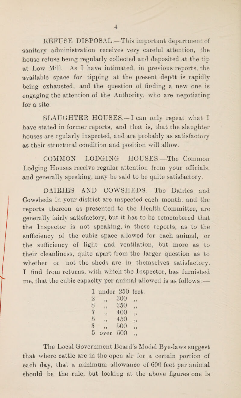 REFUSE DISPOSAL.—This important department of sanitary administration receives very careful attention, the house refuse being regularly collected and deposited at the tip at Low Mill. As I have intimated, in previous reports, the available space for tipping at the present depot is rapidly being exhausted, and the question of finding a new one is engaging the attention of the Authority, who are negotiating for a site. SLAUGHTER HOUSES.— I can only repeat what I have stated in former reports, and that is, that the slaughter houses are rgularly inspected, and are probably as satisfactory as their structural condition and position will allow. COMMON LODGING HOUSES.-The Common Lodging Houses receive regular attention from your officials, and generally speaking, may be said to be quite satisfactory. DAIRIES AND COWSHEDS.—The Dairies and •Cowsheds in your district are inspected each month, and the reports thereon as presented to the Health Committee, are generally fairly satisfactory, but it has to be remembered that the Inspector is not speaking, in these reports, as to the sufficiency of the cubic space allowed for each animal, or the sufficiency of light and ventilation, but more as to their cleanliness, quite apart from the larger question as to whether or not the sheds are in themselves satisfactory. I find from returns, with which the Inspector, has furnished me, that the cubic capacity per animal allowed is as follows :— 1 under 250 feet. 2 ,, 300 ,, B „ 350 „ 7 „ 400 „ 5 ,, 450 ,, 3 „ 500 „ 5 over 500 ,, The Local Government Board’s Model Bye-laws suggest that where cattle are in the open air for a certain portion of each day, that a minimum allowance of 600 feet per animal should be the rule, but looking at the above figures one is