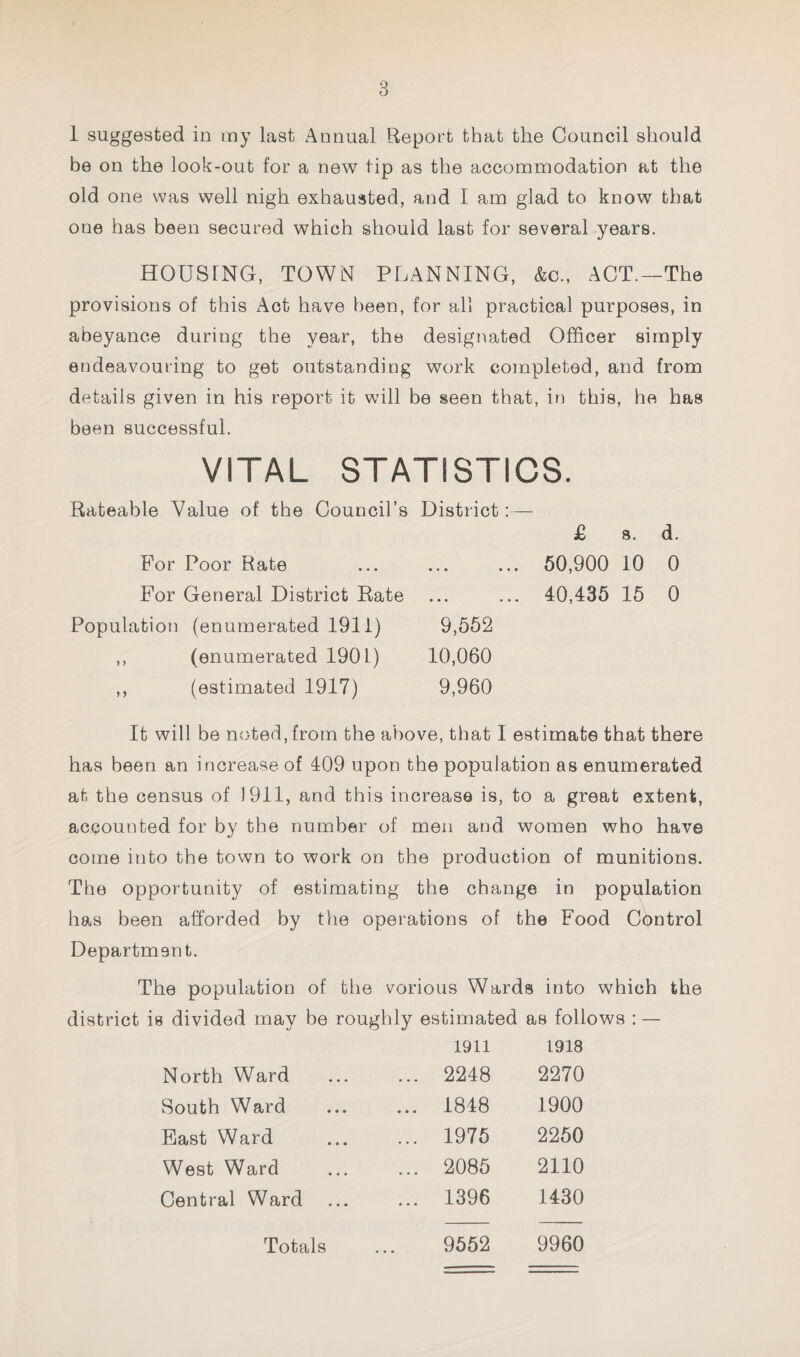 1 suggested in my last Annual Report that the Council should be on the look-out for a new tip as the accommodation at the old one was well nigh exhausted, and I am glad to know that one has been secured which should last for several years. HOUSING, TOWN PLANNING, &c., ACT.—The provisions of this Act have been, for all practical purposes, in abeyance during the year, the designated Officer simply endeavouring to get outstanding work completed, and from details given in his report it will be seen that, iri this, he has been successful. VITAL STATISTICS. Rateable Value of the Council’s District;— For Poor Rate For General District Rate Population (enumerated 1911) 9,652 ,, (enumerated 1901) 10,060 ,, (estimated 1917) 9,960 £ 8. d. 50,900 10 0 40,435 15 0 It will be noted, from the above, that I estimate that there has been an increase of 409 upon the population as enumerated at the census of 1911, and this increase is, to a great extent, accounted for by the number of men and women who have come into the town to work on the production of munitions. The opportunity of estimating the change in population has been afforded by the operations of the Food Control Department. The population of the vorious Wards into which the district is divided may be roughly estimated as follows : — 1911 1918 North Ward ... 2248 2270 South Ward ... 1848 1900 East Ward ... 1976 2260 West Ward ... 2085 2110 Central Ward ... 1396 1430 Totals 9652 9960