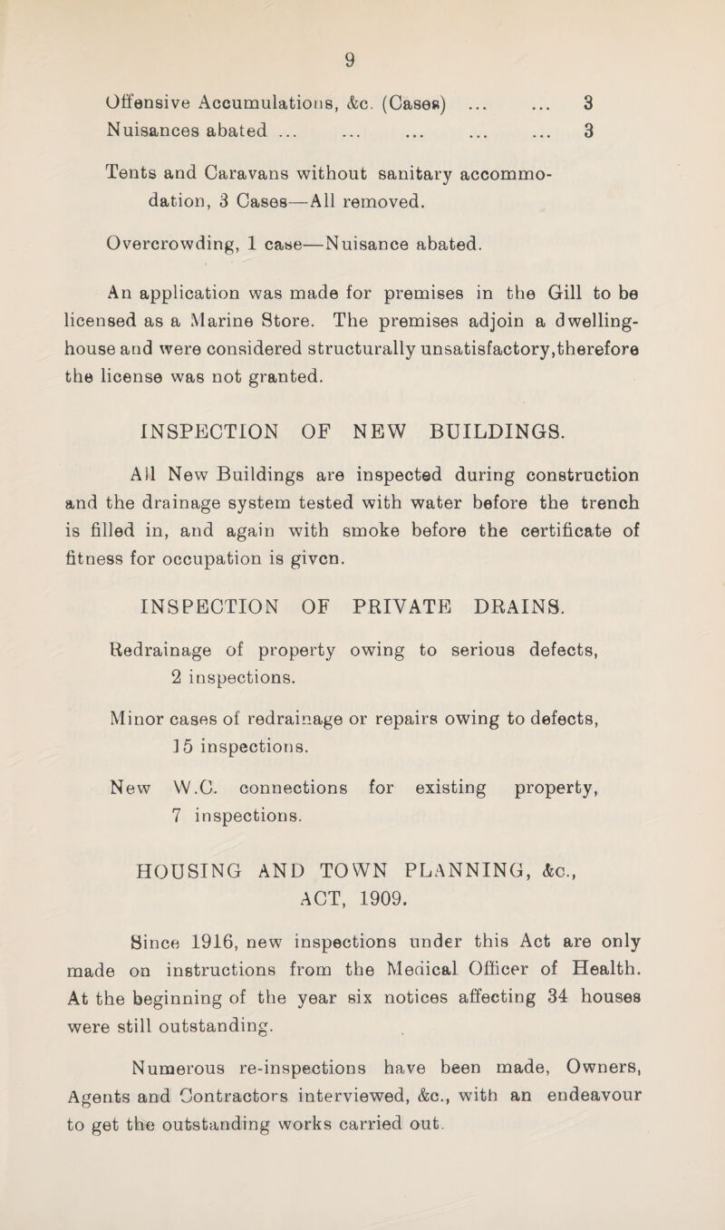 Offensive Accumulations, &c. (Cases) ... ... 3 Nuisances abated ... ... ... ... ... 3 Tents and Caravans without sanitary accommo¬ dation, 3 Cases—All removed. Overcrowding, 1 case—Nuisance abated. An application was made for premises in the Gill to be licensed as a Marine Store. The premises adjoin a dwelling- house and were considered structurally unsatisfactory,therefore the license was not granted. INSPECTION OF NEW BUILDINGS. All New Buildings are inspected during construction and the drainage system tested with water before the trench is filled in, and again with smoke before the certificate of fitness for occupation is given. INSPECTION OF PRIVATE DRAINS. Redrainage of property owing to serious defects, 2 inspections. Minor cases of redrainage or repairs owing to defects, 15 inspections. New W.C. connections for existing property, 7 inspections. HOUSING AND TOWN PLANNING, &c., ACT, 1909. Since 1916, new inspections under this Act are only made on instructions from the Medical Officer of Health. At the beginning of the year six notices affecting 34 houses were still outstanding. Numerous re-inspections have been made, Owners, Agents and Contractors interviewed, &c., with an endeavour to get the outstanding works carried out.