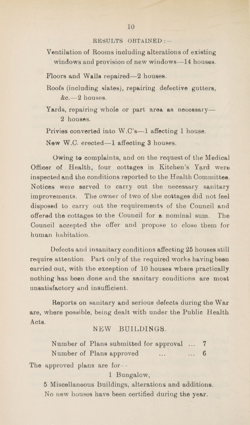 RESULTS OBTAINED Ventilation of Rooms including alterations of existing windows and provision of new windows—14 houses. Floors and Walls repaired—2 houses. Roofs (including slates), repairing defective gutters, &c.—2 houses. Yards, repairing whole or part area as necessary— 2 houses. Privies converted into W.C’s—1 affecting 1 house. New W.C. erected—1 affecting 3 houses. Owing to complaints, and on the request of the Medical Officer of Health, four cottages in Kitchen’s Yard were inspected and the conditions reported to the Health Committee. Notices weie served to carry out the necessary sanitary improvements. The owner of two of the cottages did not feel disposed to carry out the requirements of the Council and offered the cottages to the Council for a nominal sum. The Council accepted the offer and propose to close them for human habitation. Defects and insanitary conditions affecting 26 houses still require attention. Part only of the required works having been carried out, with the exception of 10 houses where practically nothing has been done and the sanitary conditions are most unsatisfactory and insufficient. Reports on sanitary and serious defects during the War are, where possible, being dealt with under the Public Health Acts. NEW BUILDINGS. Number of Plans submitted for approval ... 7 Number of Plans approved ... ... 6 The approved plans are for-- 1 Bungalow, 6 Miscellaneous Buildings, alterations and additions. No new houses have been certified during the year.