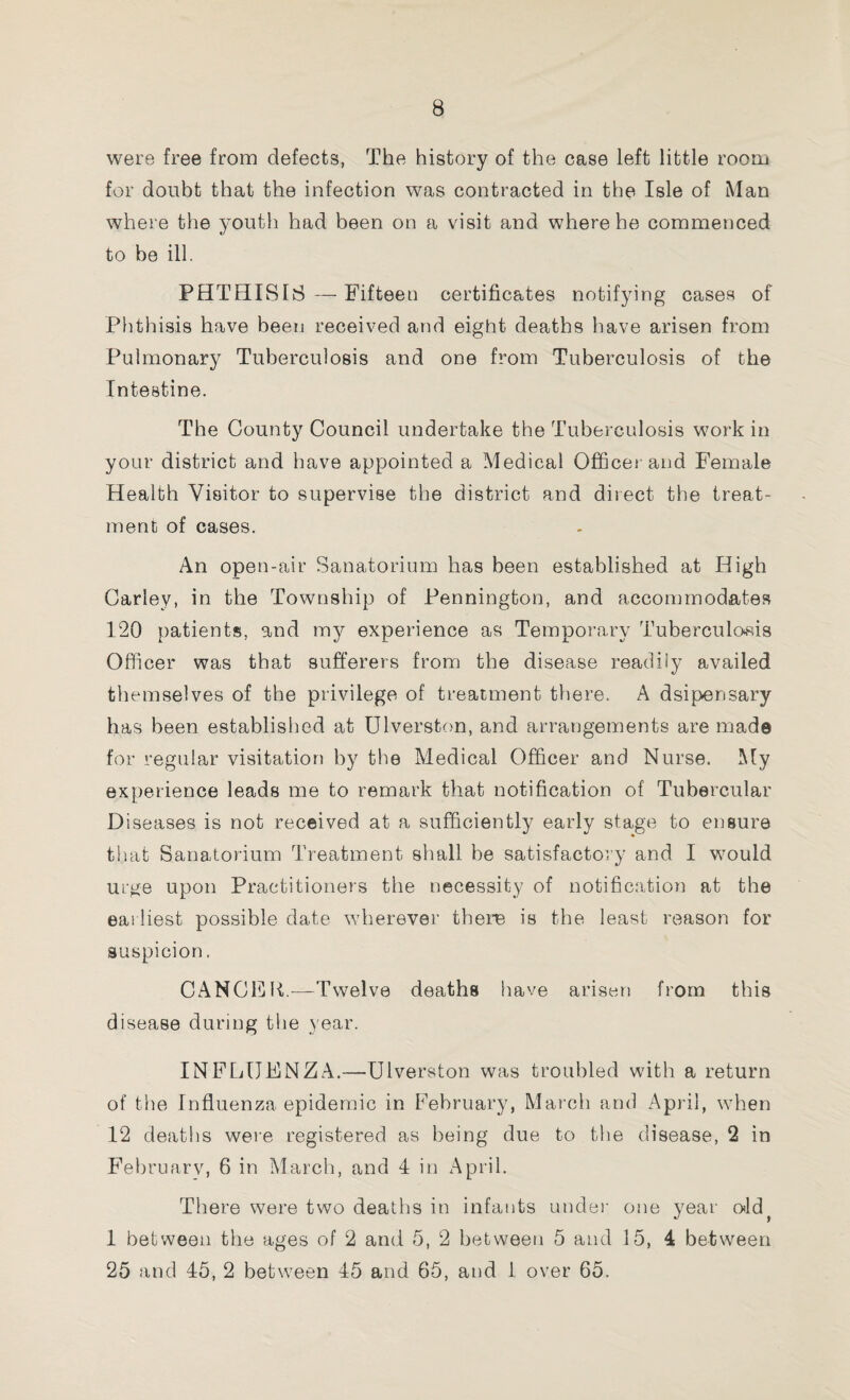 were free from defects, The history of the case left little room for doubt that the infection was contracted in the Isle of Man where the youth had been on a visit and where he commenced to he ill. PHTHISIS — Fifteen certificates notifying cases of Phthisis have been received and eight deaths have arisen from Pulmonary Tuberculosis and one from Tuberculosis of the Intestine. The County Council undertake the Tuberculosis work in your district and have appointed a Medical Officer and Female Health Visitor to supervise the district and direct the treat¬ ment of cases. An open-air Sanatorium has been established at High Carley, in the Township of Pennington, and accommodates 120 patients, and my experience as Temporary Tuberculosis Officer was that sufferers from the disease readily availed themselves of the privilege of treatment there. A dsipensary has been established at Ulverston, and arrangements are made for regular visitation by the Medical Officer and Nurse. My experience leads me to remark that notification of Tubercular Diseases is not received at a sufficiently early stage to ensure that Sanatorium Treatment shall be satisfactory and I would urge upon Practitioners the necessity of notification at the earliest possible date wherever there is the least reason for suspicion. CANCEL.—Twelve deaths have arisen from this disease during the year. INFLUENZA.—Ulverston was troubled with a return of the Influenza epidemic in February, March and April, when 12 deaths were registered as being due to the disease, 2 in February, 6 in March, and 4 in April. There were two deaths in infants under one year old^ 1 between the ages of 2 and 5, 2 between 5 and 15, 4 between 25 and 45, 2 between 45 and 65, and 1 over 65.
