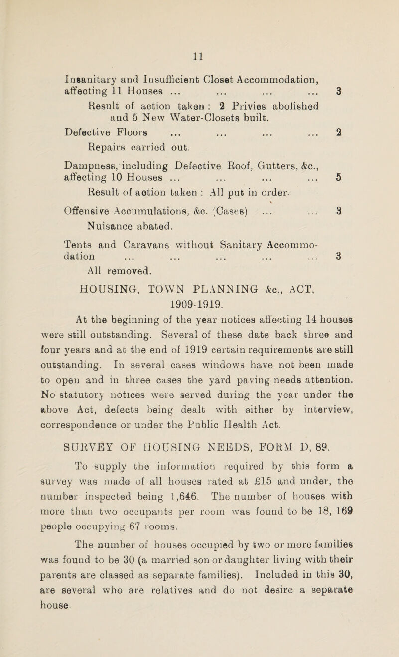 Insanitary and Insufficient Closet Accommodation, affecting 11 Houses ... ... ... ... 3 Result of action taken : 2 Privies abolished and 5 New Water-Closets built. Defective Floors ... ... ... ... 2 Repairs carried out. Dampness, including Defective Roof, Gutters, &c., affecting 10 H ouses ... ... ... ... 5 Result of aotion taken : All put in order. Offensive Accumulations, &c. (Cases) ... ... 3 Nuisance abated. Tents and Caravans without Sanitary Accommo¬ dation ... ... ... ... ... 3 All removed. HOUSING, TOWN PLANNING Ac., ACT, 1909-1919. At the beginning of the year notices affecting 14 houses were still outstanding. Several of these date back three and four years and at the end of 1919 certain requirements are still outstanding. In several cases windows have not been made to open and in three cases the yard paving needs attention. No statutory notices were served during the year under the above Act, defects being dealt with either by interview, correspondence or under the Public Health Act. SURVEY OF HOUSING NEEDS, FORM D, 89. To supply the information required by this form a survey was made of all houses rated at £15 and under, the number inspected being 1,646. The number of houses with more than two occupants per room was found to be 18, 169 people occupying 67 rooms. The number of houses occupied by two or more families was found to be 30 (a married son or daughter living with their parents are classed as separate families). Included in this 30, are several who are relatives and do not desire a separate house