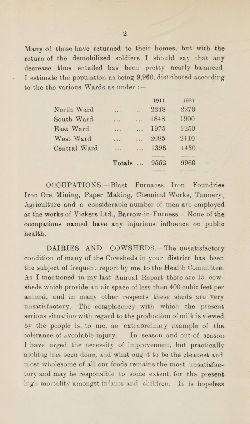 Many of these have returned to their homes, but with ths return of the demobilized soldiers I should say that any decrease thus entailed has been pretty nearly balanced I estimate the population as being 9,960, distributed according to the the various Wards as under :— 1911 1921 2248 2270 1848 1900 1975 5250 2085 2110 1396 1430 North Ward South Ward East Ward West Ward Central Ward Totals ... 9552 9960 OCCUPATIONS.—Blast Furnaces, lion Foundries Iron Ore Mining, Paper Making, Chemical Works, Tannery Agriculture and a considerable number of men are employed at the works of Vickers Ltd., Barrow-in-Furness. None of the occupations named have any injurious influence on public health. DAIRIES AND COWSHEDS.—The unsatisfactory condition of many of the Cowsheds in your district has been the subject of frequent report by me, to the Health Committee. As I mentioned in my last Annual Report there are 15 cow¬ sheds which provide an air space of less than 400 cubic feet per animal, and in many other respects these sheds are very unsatisfactory. The complacency with which the present serious situation with regard to the production of milk is viewed by the people is, to me, an extraordinary example of the tolerance of avoidable injury. In season and out of season I have urged the necessity of improvement, but practically nothing has been done, and what ought to be the cleanest and most wholesome of all our foods remains the most unsatisfac¬ tory and may be responsible to some extent, for the present high mortality amongst infants and children. It is hopeless